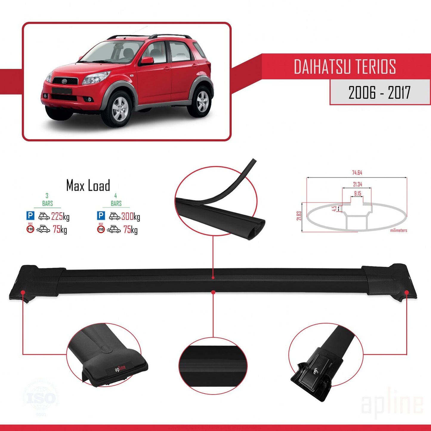 Compatibile con Daihatsu Terios 2 (J200) 2006-2017 modello FLY Barre portatutto per auto Portapacchi in alluminio nero 3 barre