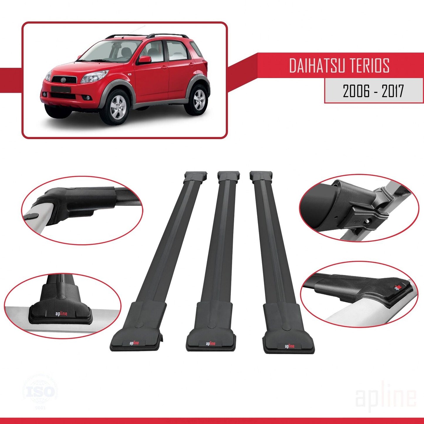 Compatibile con Daihatsu Terios 2 (J200) 2006-2017 modello FLY Barre portatutto per auto Portapacchi in alluminio nero 3 barre
