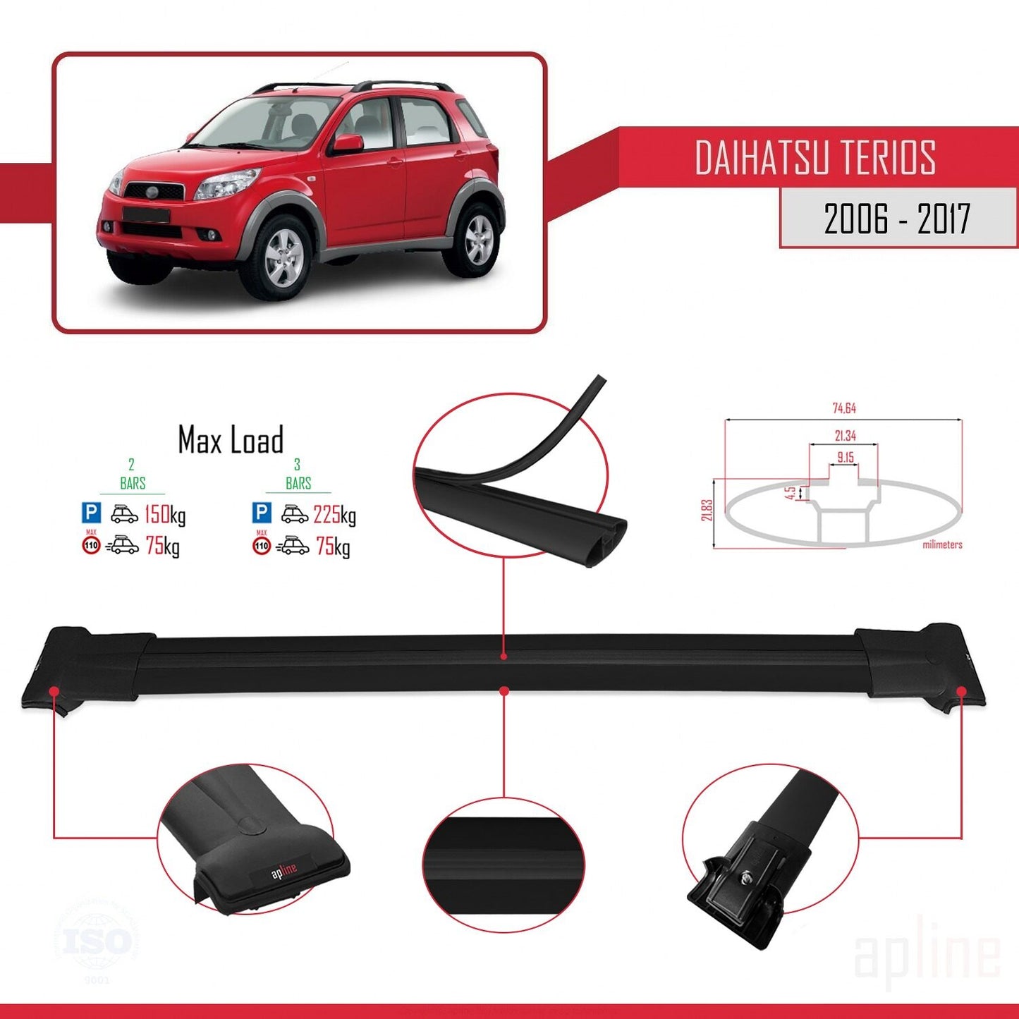 Compatibile con Daihatsu Terios 2 (J200) 2006-2017 modello FLY Barre portatutto per auto Portapacchi in alluminio nero 2 barre