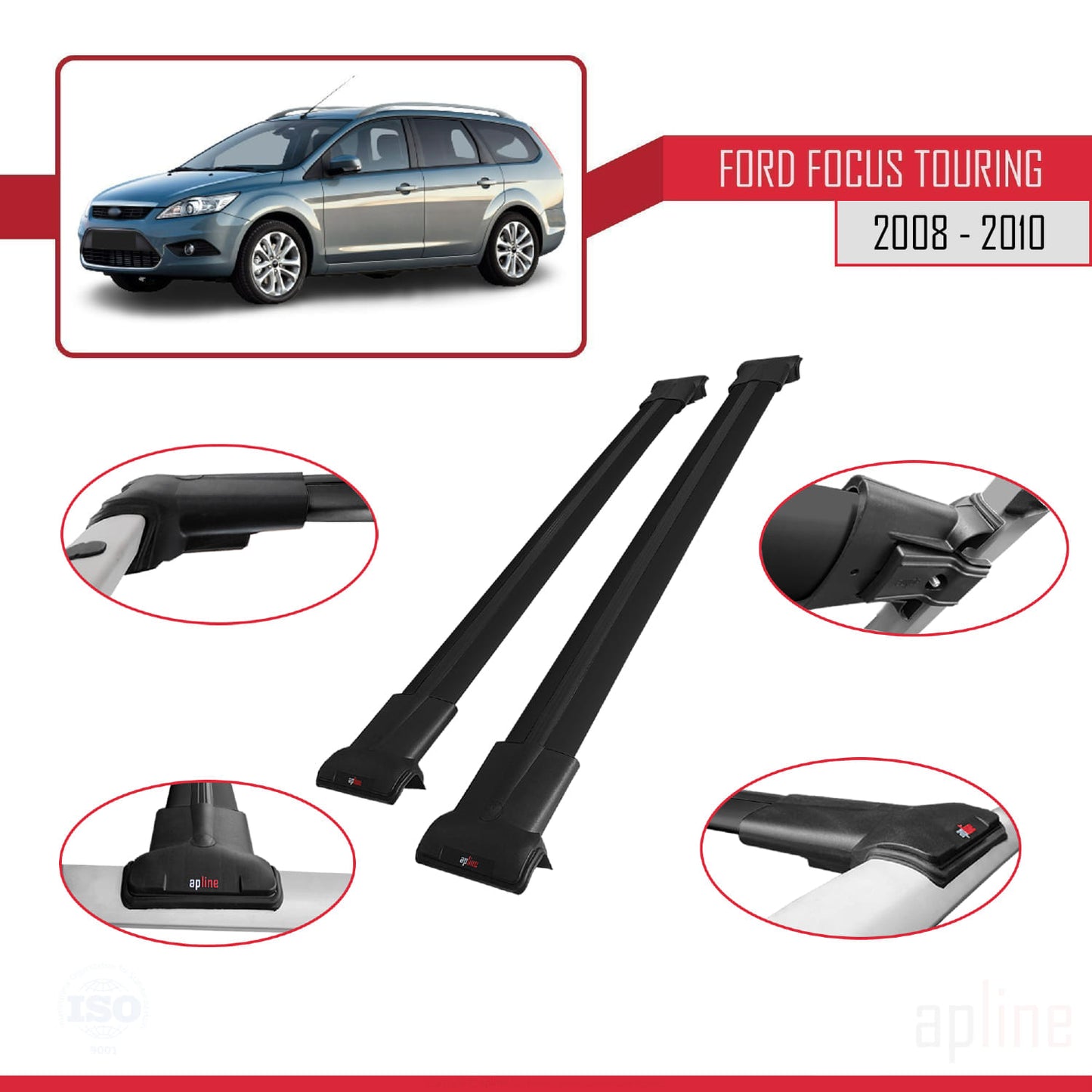 Compatibile con Ford Focus 2 (C307) Turnier 2008-2010 modello FLY Barre portatutto per auto Portapacchi in alluminio nero 2 barre