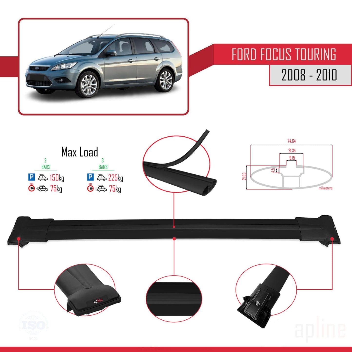 Compatibile con Ford Focus 2 (C307) Turnier 2008-2010 modello FLY Barre portatutto per auto Portapacchi in alluminio nero 2 barre