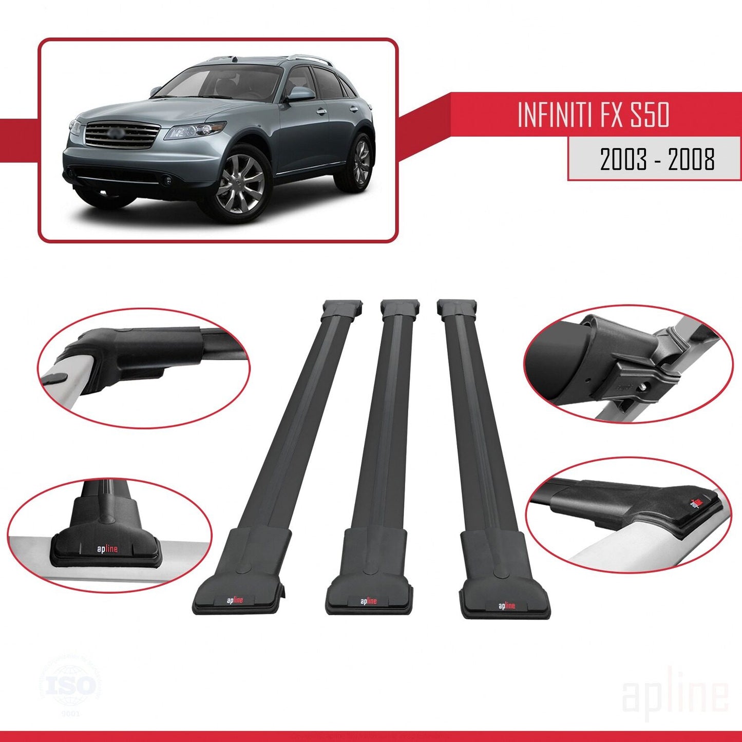 Compatible with Infiniti FX (S50) 2003-2008 FLY Model Car Roof Rack Cross Bar Black Aluminium 3 Bars