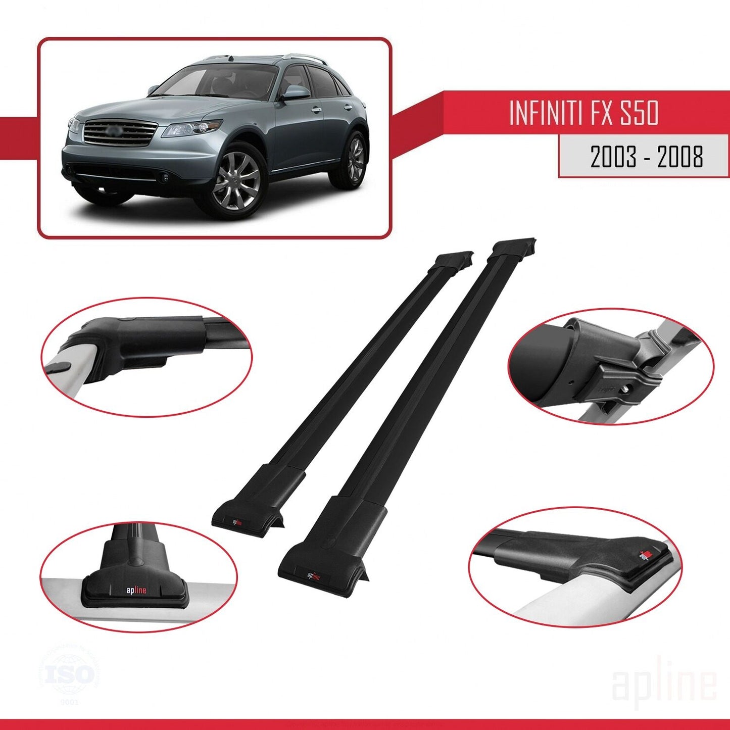 Compatible with Infiniti FX (S50) 2003-2008 FLY Model Car Roof Rack Cross Bar Black Aluminium 2 Bars