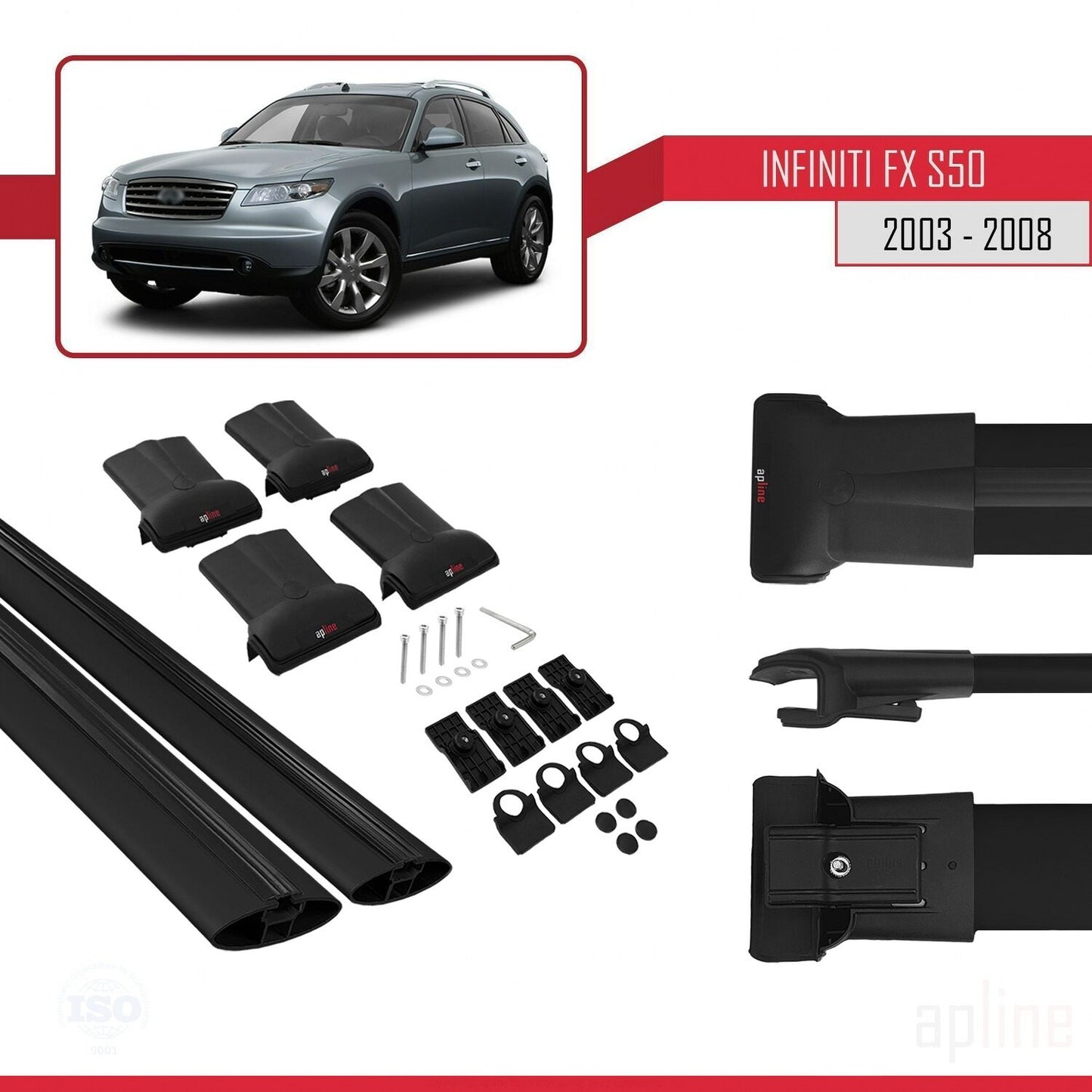 Compatible with Infiniti FX (S50) 2003-2008 FLY Model Car Roof Rack Cross Bar Black Aluminium 2 Bars