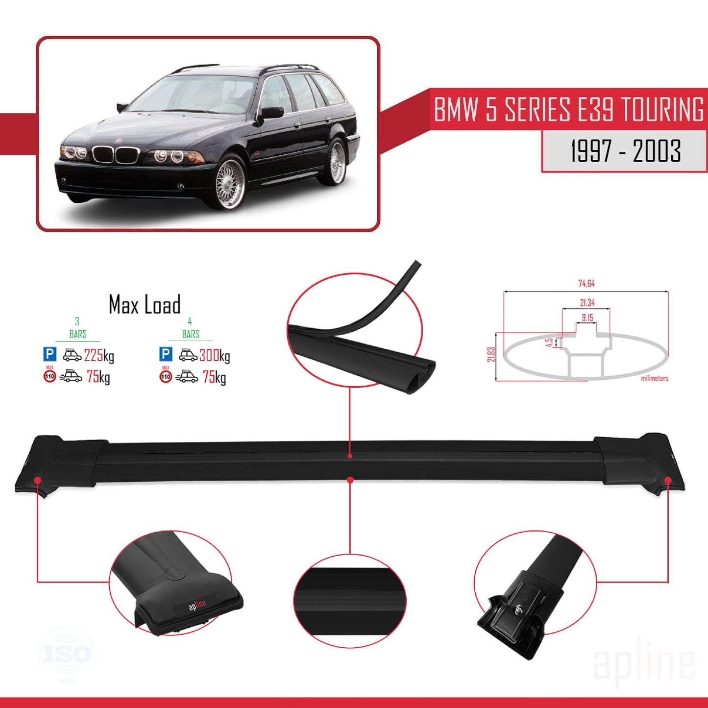 Compatibile con BMW Serie 5 (E39) Touring 1997-2003 Modello FLY Barre portatutto per auto Portapacchi in alluminio nero 3 barre