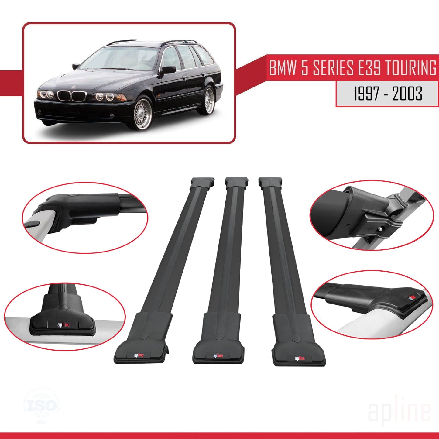 Compatibile con BMW Serie 5 (E39) Touring 1997-2003 Modello FLY Barre portatutto per auto Portapacchi in alluminio nero 3 barre
