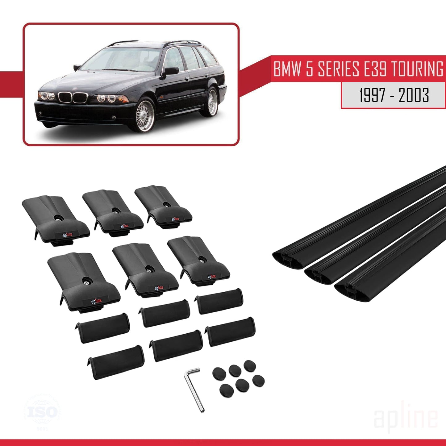 Compatibile con BMW Serie 5 (E39) Touring 1997-2003 Modello FLY Barre portatutto per auto Portapacchi in alluminio nero 3 barre