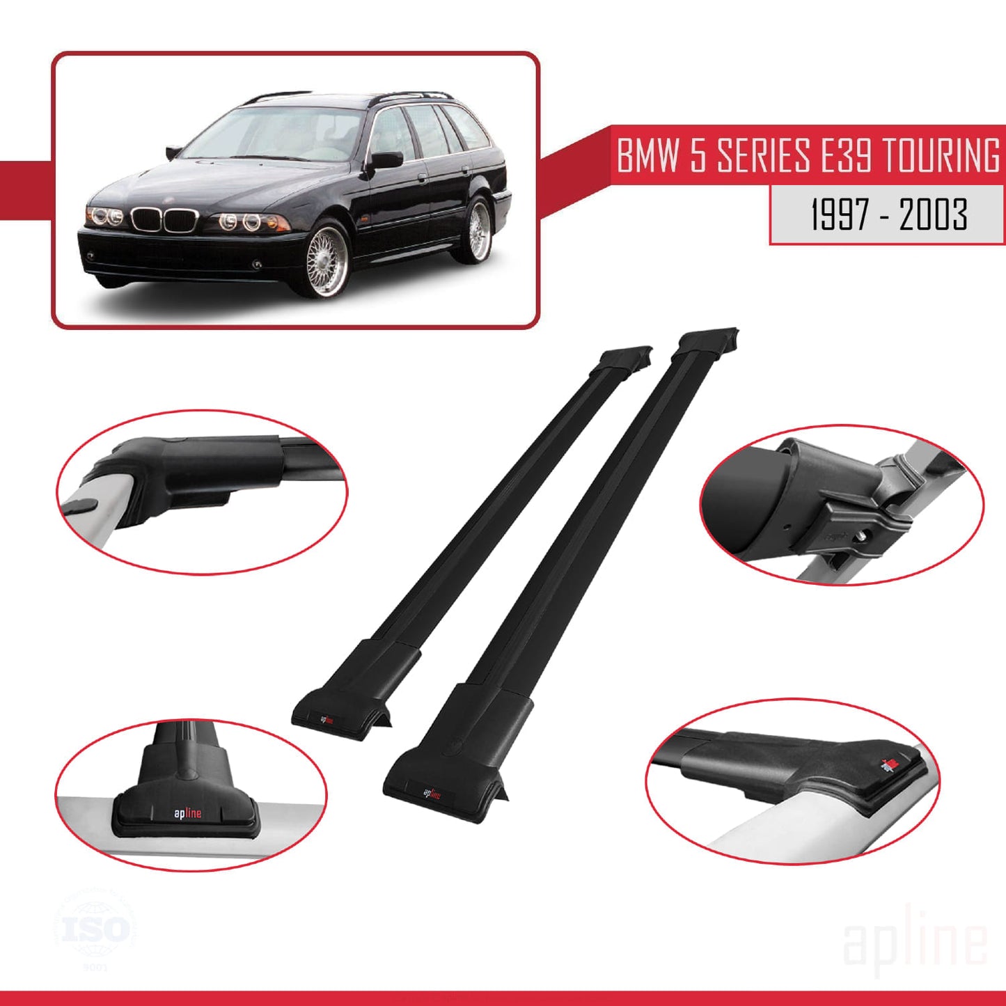 Compatibile con BMW Serie 5 (E39) Touring 1997-2003 Modello FLY Barre portatutto per auto Portapacchi in alluminio nero 2 barre