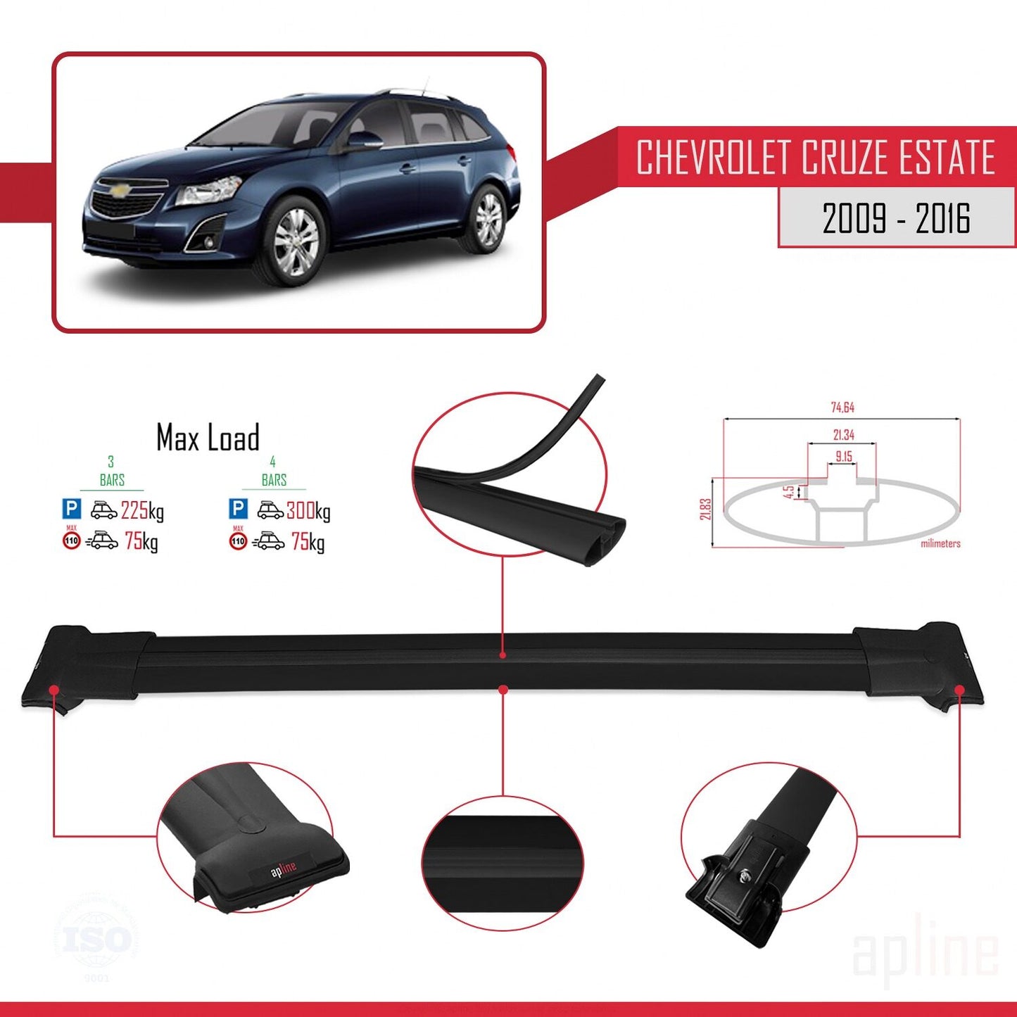 Compatibile con Chevrolet Cruze (J300) 2009-2016 modello FLY Barre portatutto per auto Portapacchi in alluminio nero 3 barre