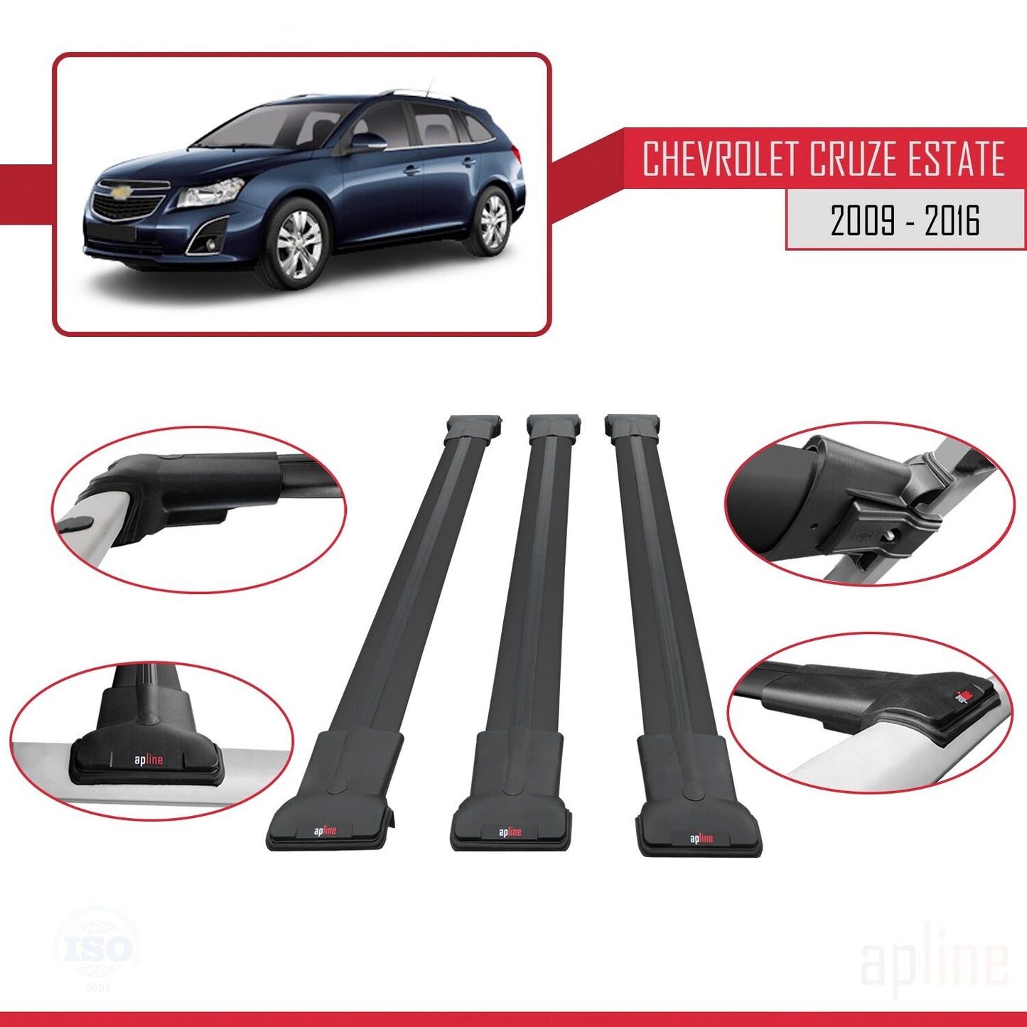 Compatibile con Chevrolet Cruze (J300) 2009-2016 modello FLY Barre portatutto per auto Portapacchi in alluminio nero 3 barre