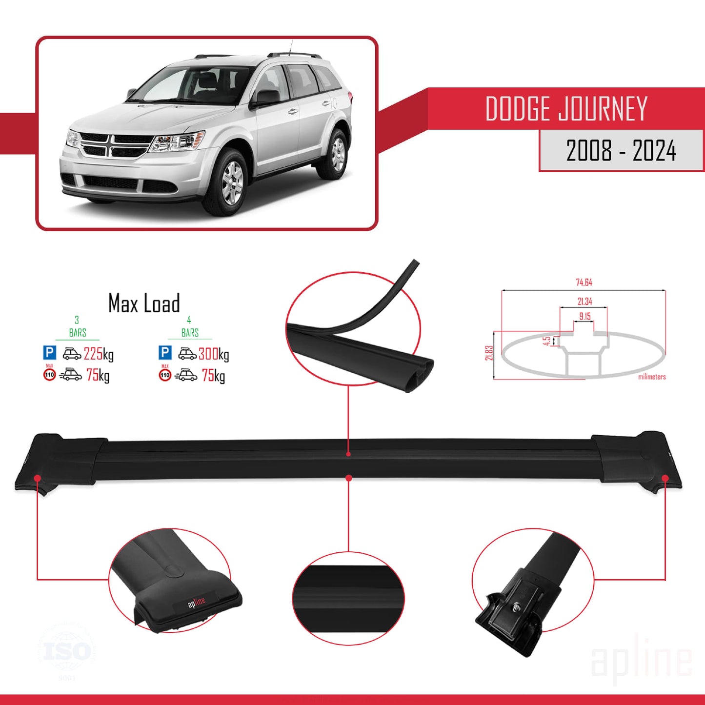 Compatibile con Dodge Journey 2008-2024 modello FLY Barre portatutto per auto Portapacchi in alluminio nero 3 barre