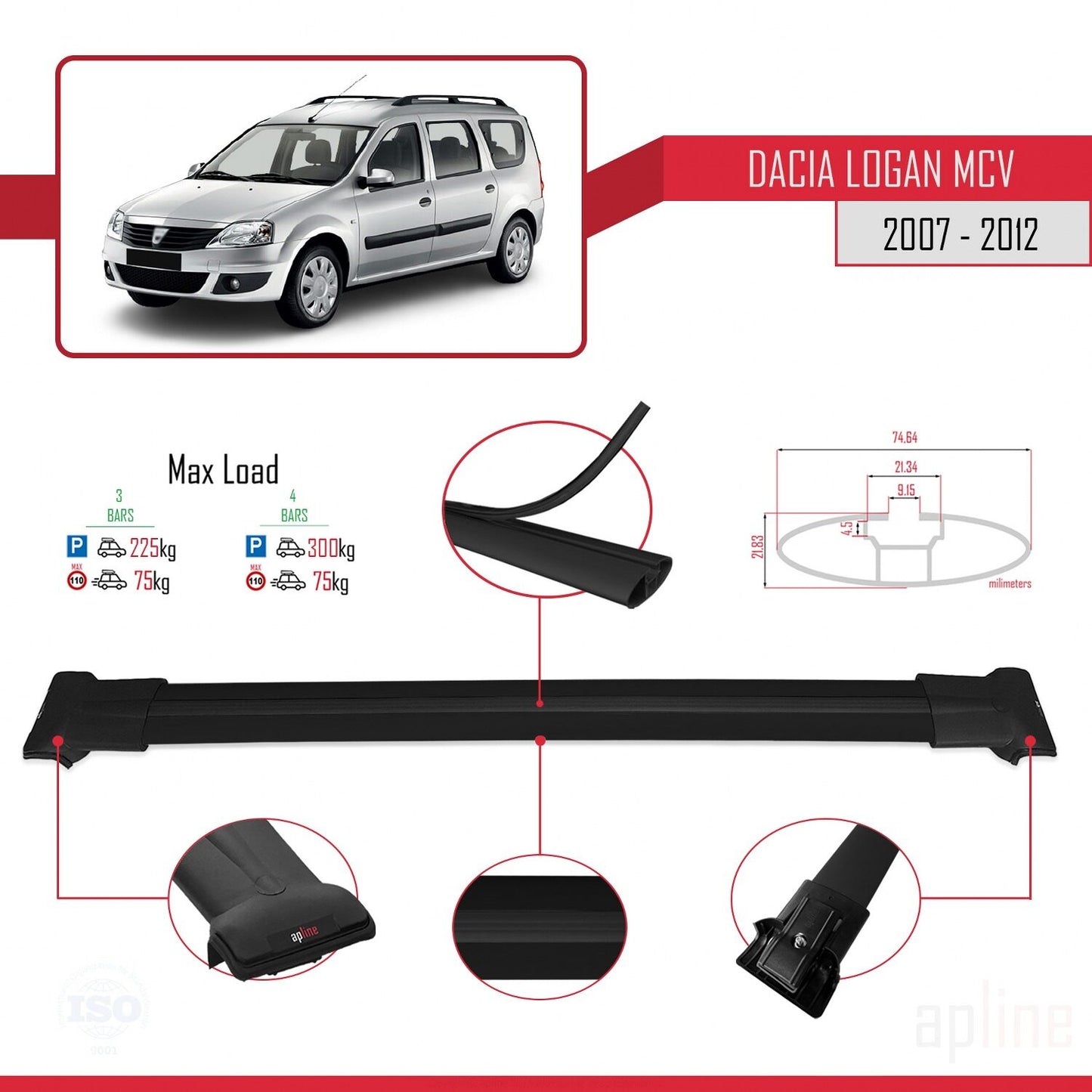 Compatibile con Dacia Logan 2 MCV (K52) 2007-2012 modello FLY Barre portatutto per auto Portapacchi in alluminio nero 3 barre