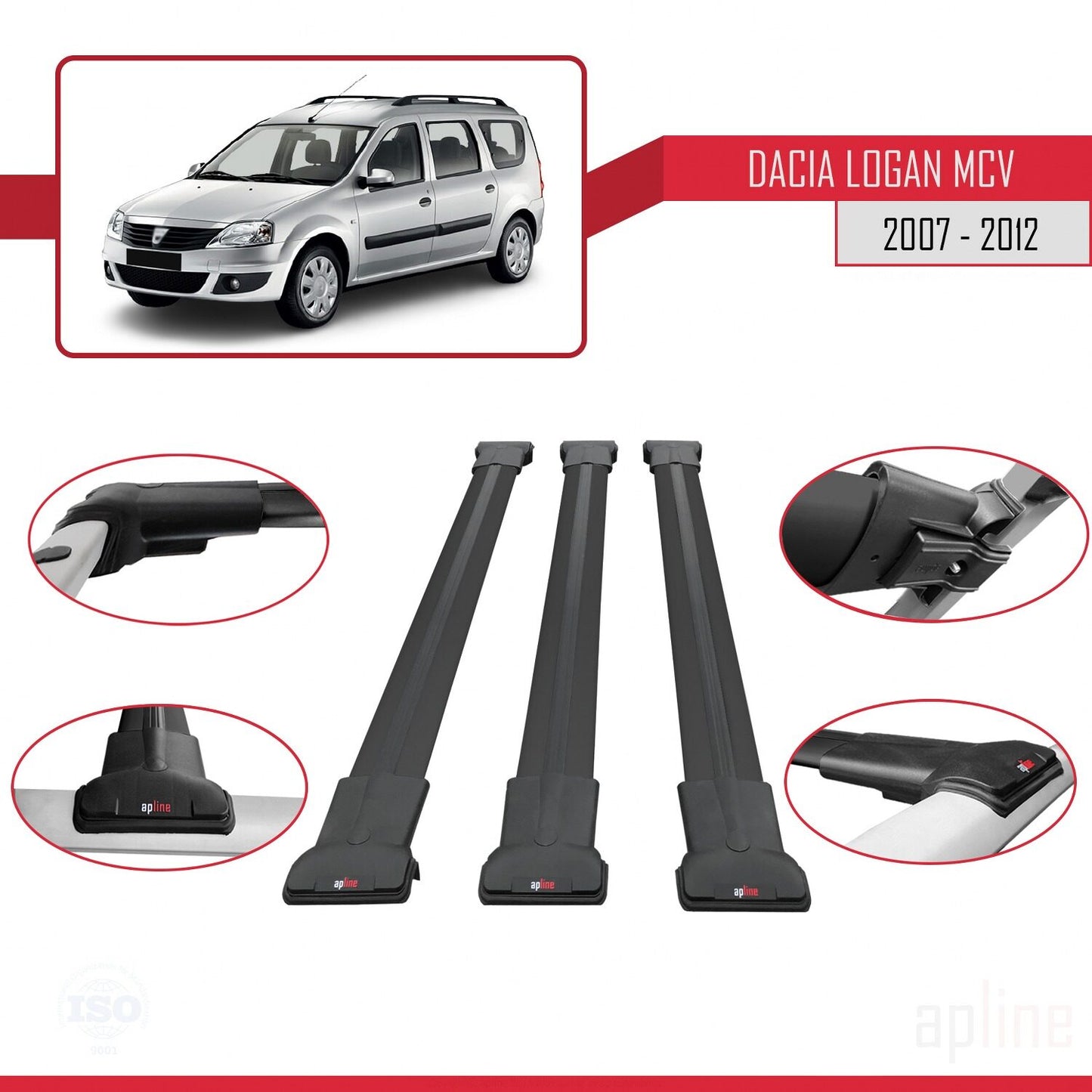 Compatibile con Dacia Logan 2 MCV (K52) 2007-2012 modello FLY Barre portatutto per auto Portapacchi in alluminio nero 3 barre