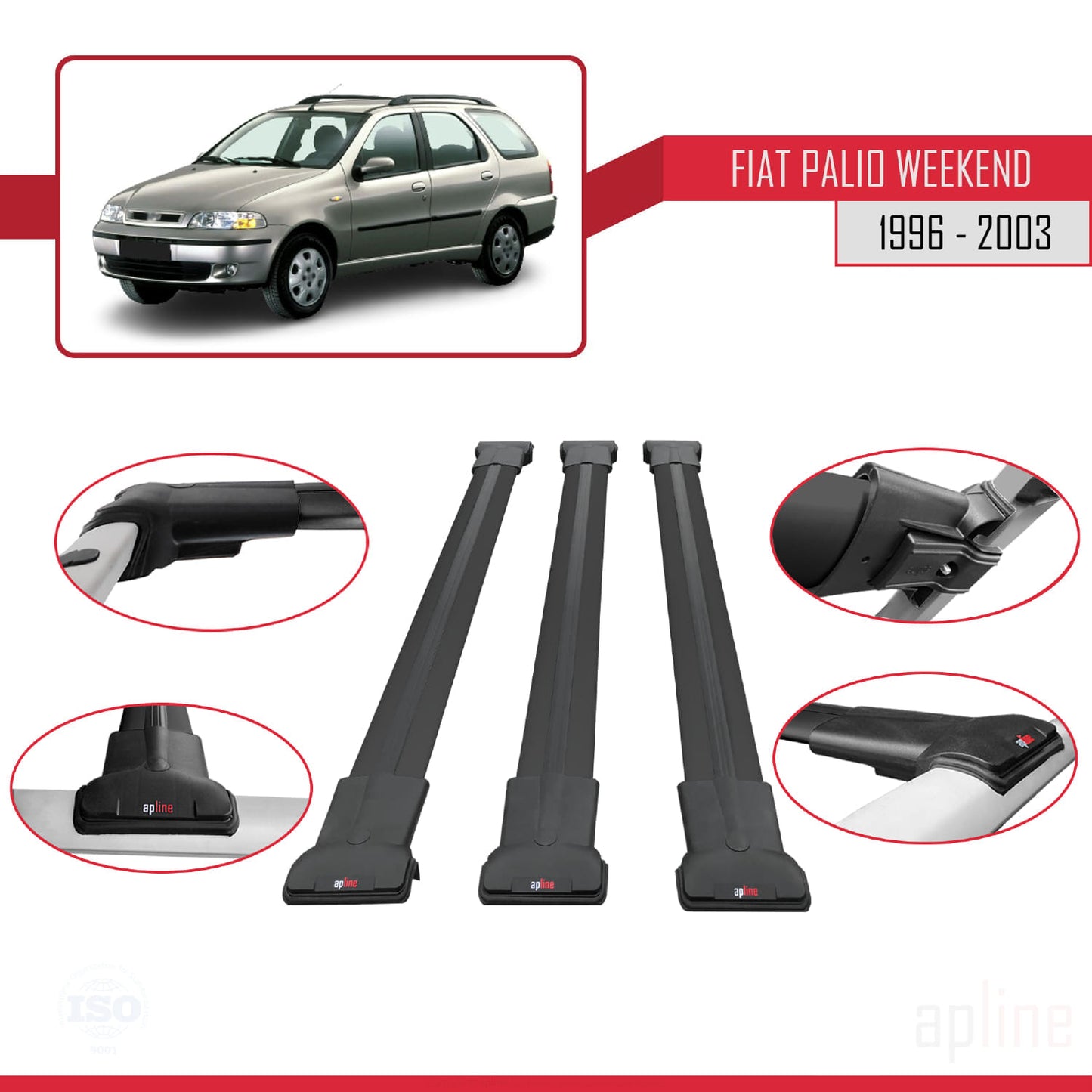 Compatibile con Fiat Palio (178) Weekend 1996-2003 Modello FLY Barre Portatutto Railing Portapacchi Auto Alluminio Nero 3 Barre