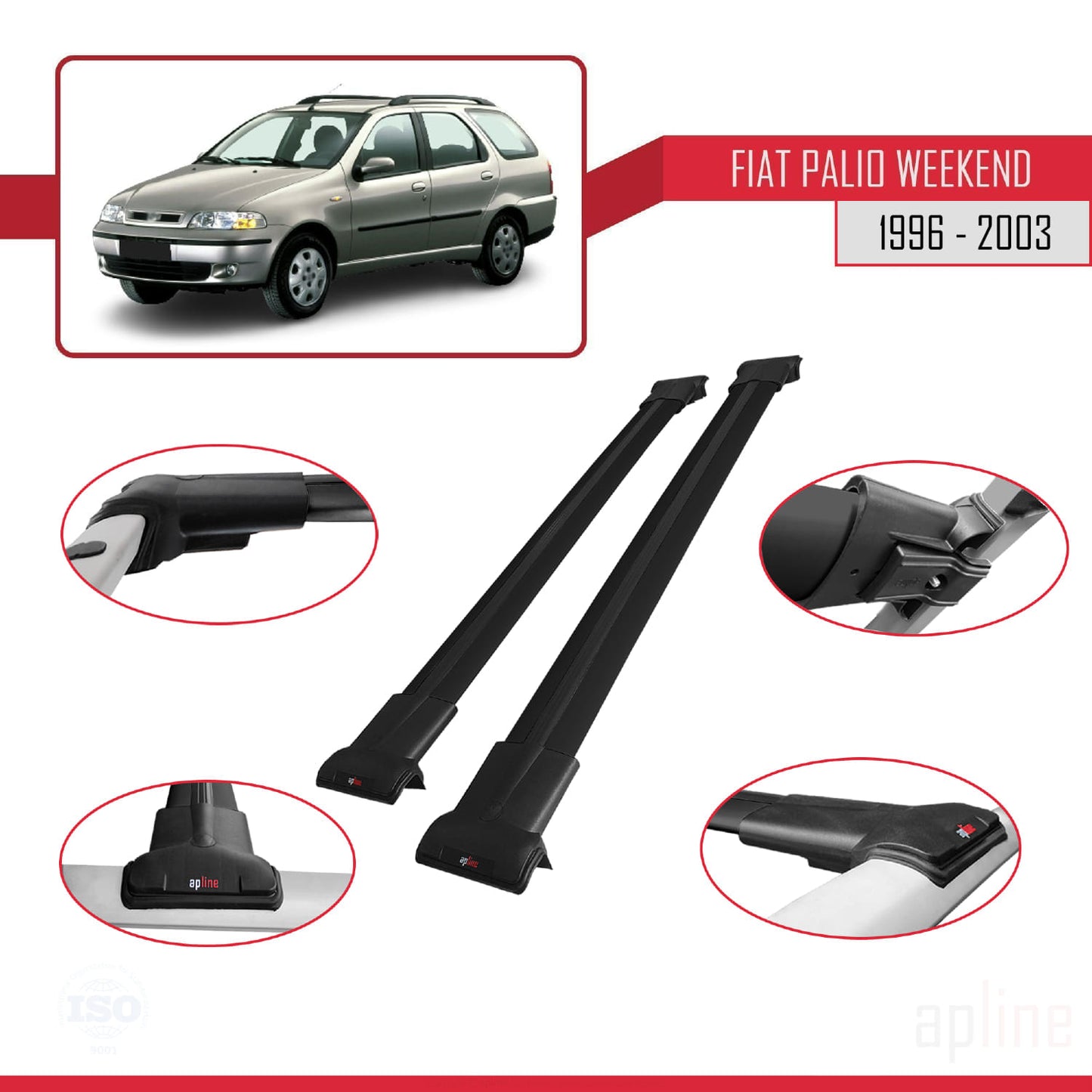 Compatibile con Fiat Palio (178) Weekend 1996-2003 Modello FLY Barre Portatutto Railing Portapacchi Auto Alluminio Nero 2 Barre