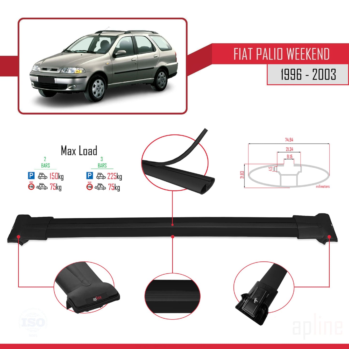 Compatibile con Fiat Palio (178) Weekend 1996-2003 Modello FLY Barre Portatutto Railing Portapacchi Auto Alluminio Nero 2 Barre