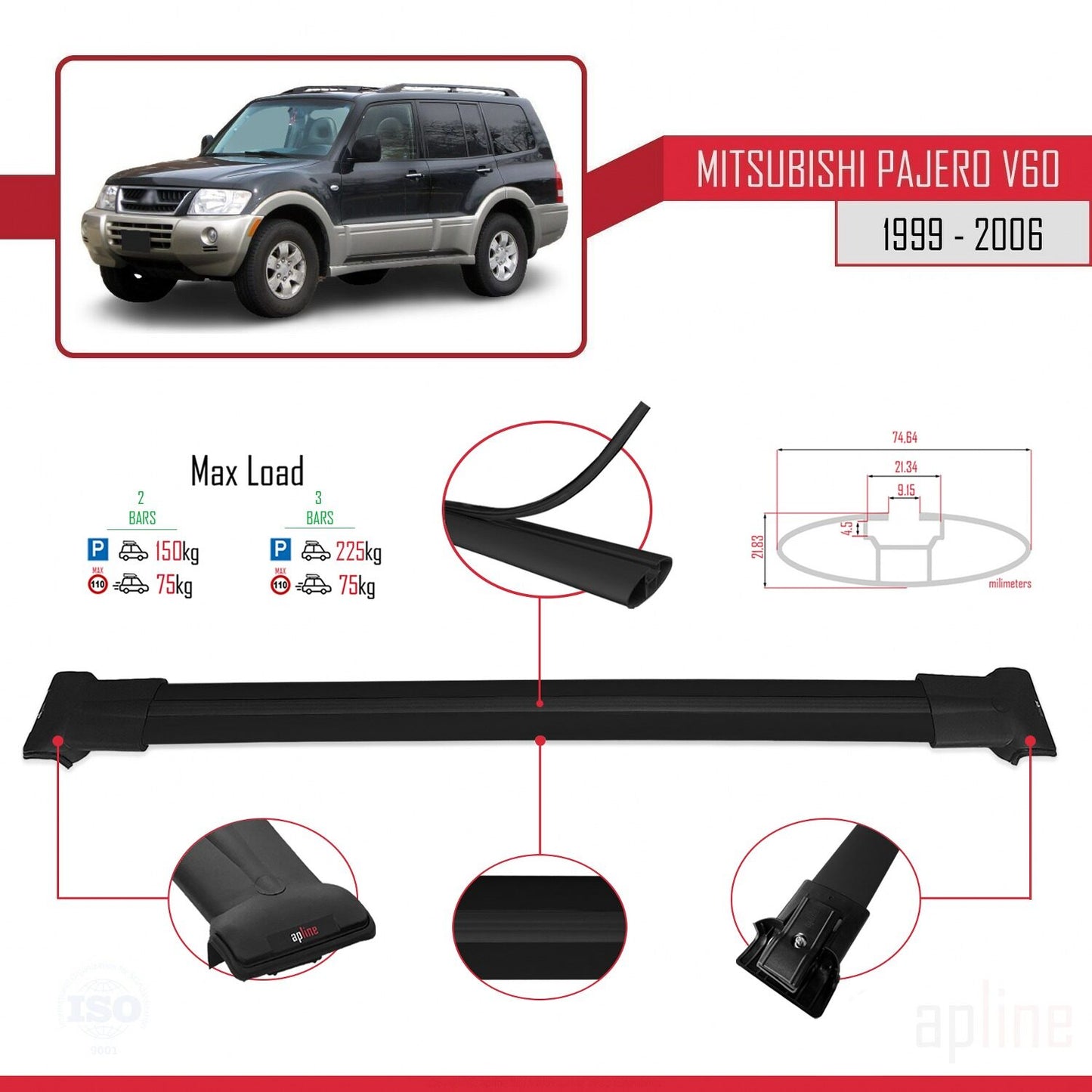 Compatibile con Mitsubishi Pajero (V60) 5 Kapı 1999-2006 FLY Model Barre Tetto Portapacchi Auto Barre Portatutto Nero Alluminio 2 Barre