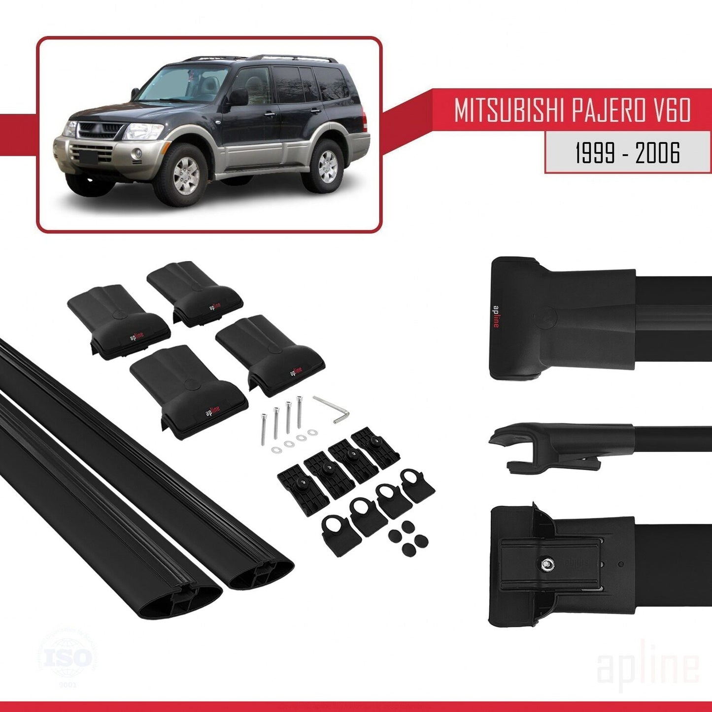 Compatibile con Mitsubishi Pajero (V60) 5 Kapı 1999-2006 FLY Model Barre Tetto Portapacchi Auto Barre Portatutto Nero Alluminio 2 Barre