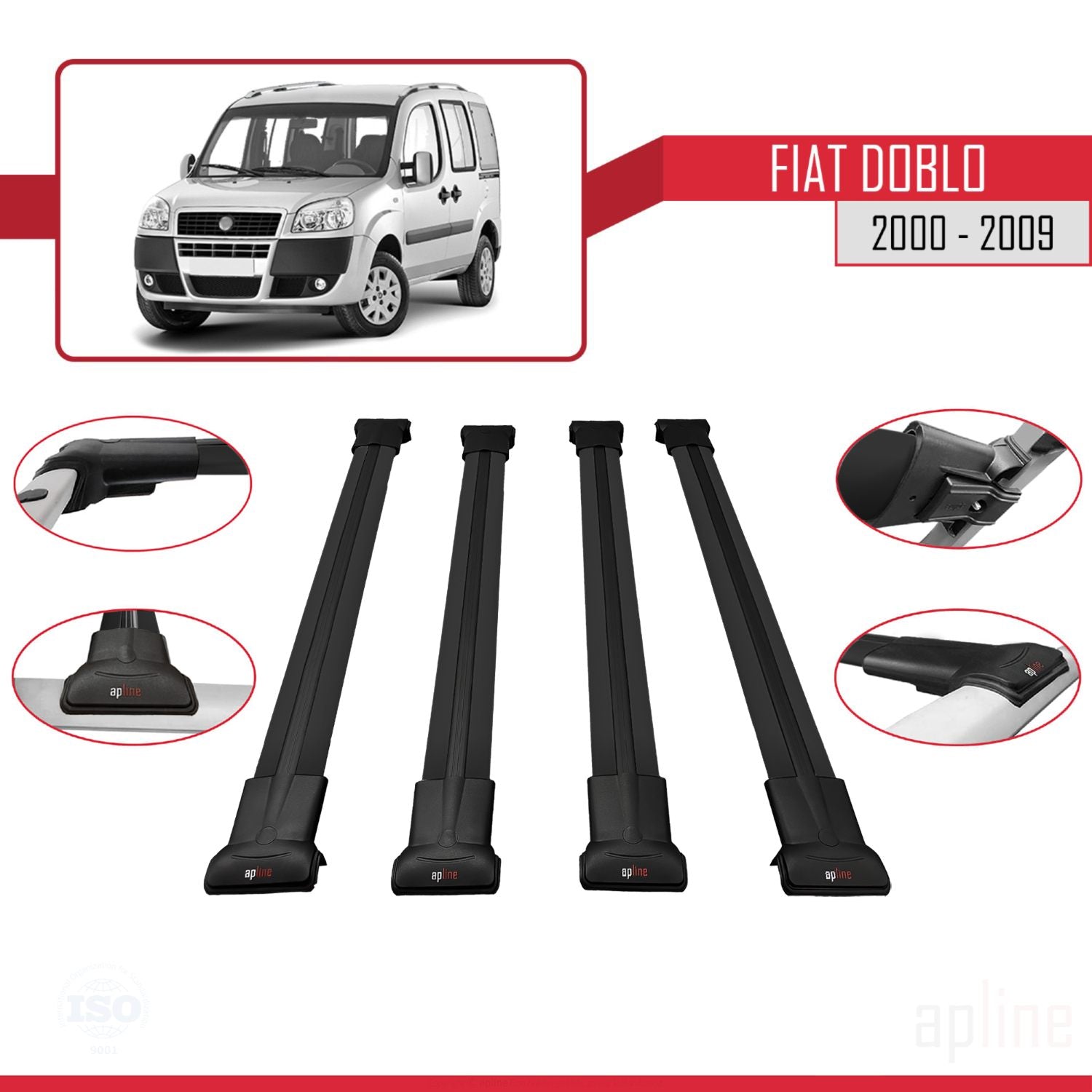Compatible avec Fiat Doblo 2000-2009 V2 FLY Model Barres de Toit Railing Porte-Bagages de Voiture Noir Aluminium 4 Barres