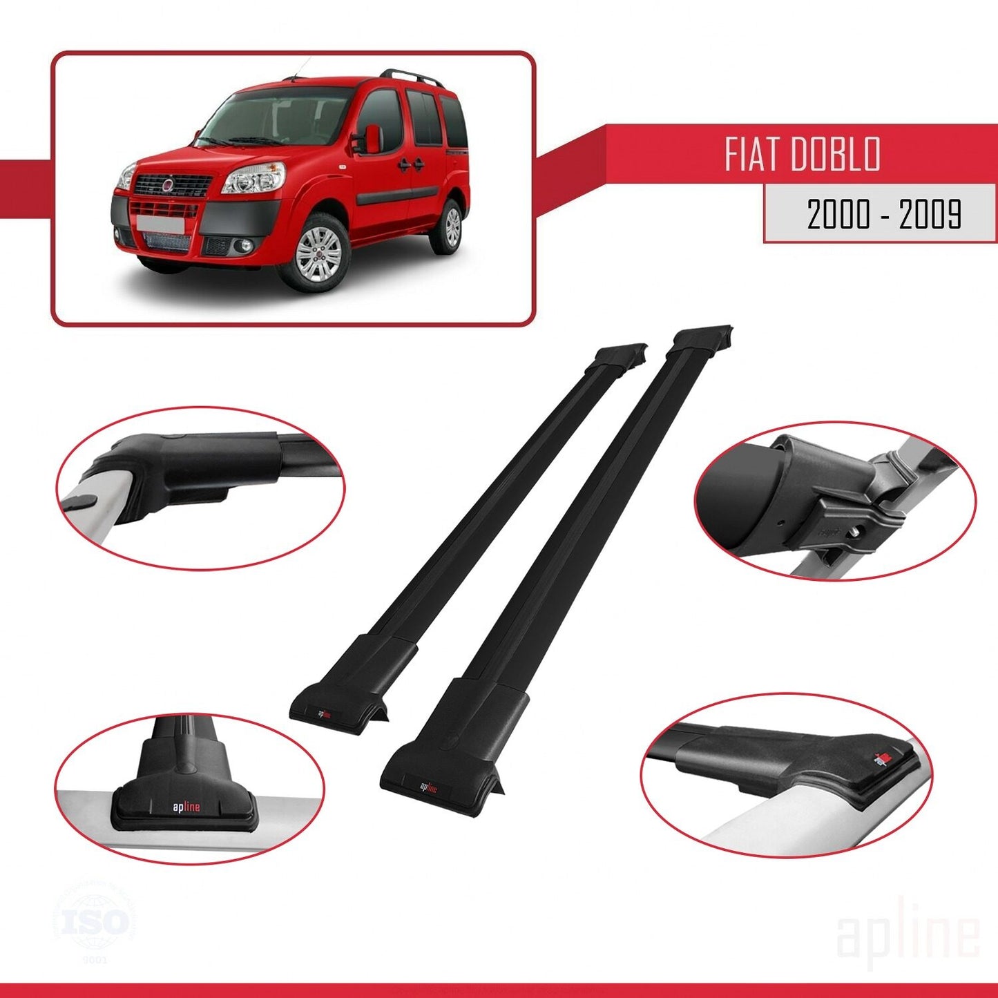 Compatibile con Fiat Doblo 2000-2009 modello FLY Barre portatutto Railing Portapacchi Auto Alluminio Nero 2 Barre