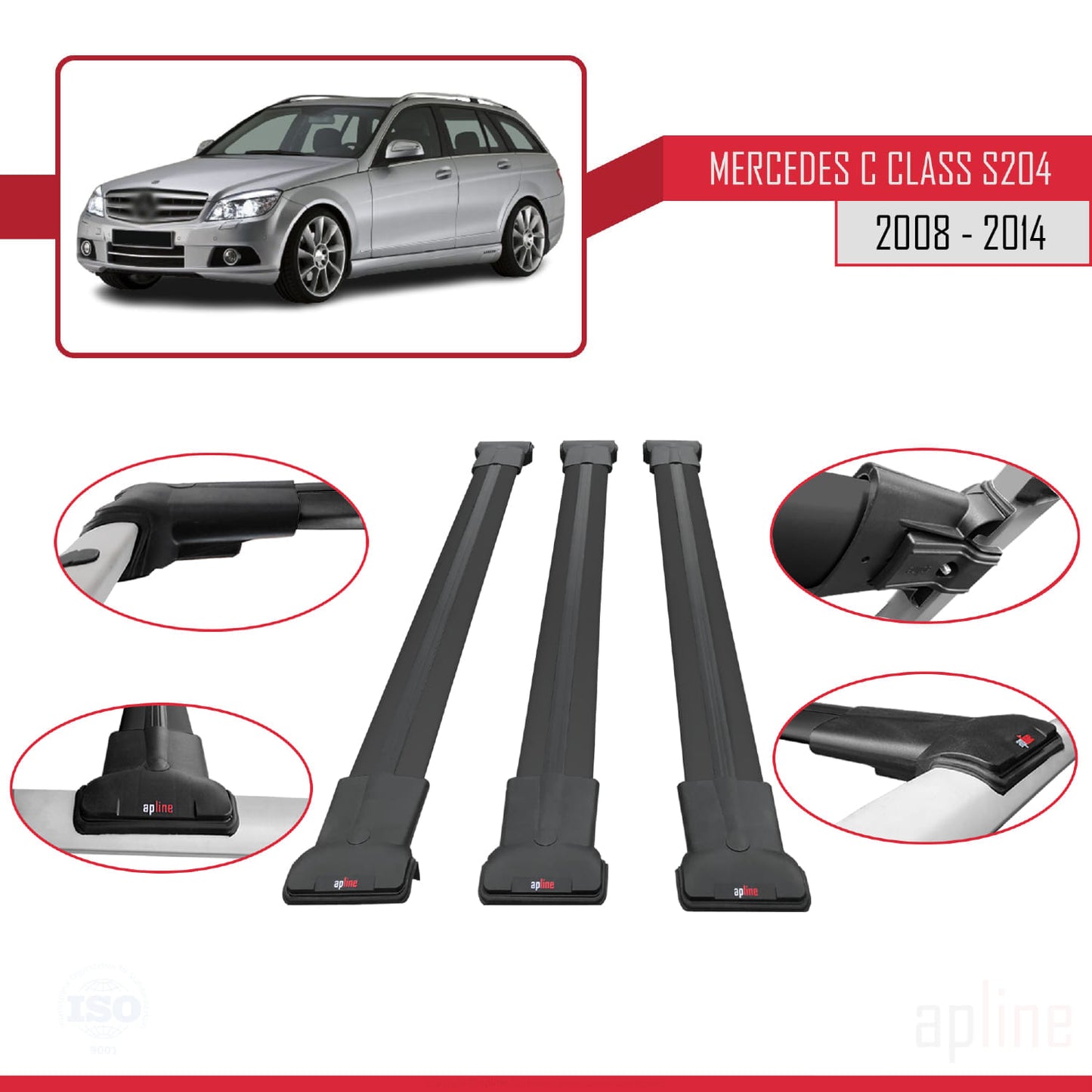 Compatible avec Mercedes Classe C 3 (S204) 2008-2014 FLY Model Barres de Toit Railing Porte-Bagages de Voiture Noir Aluminium 3 Barres