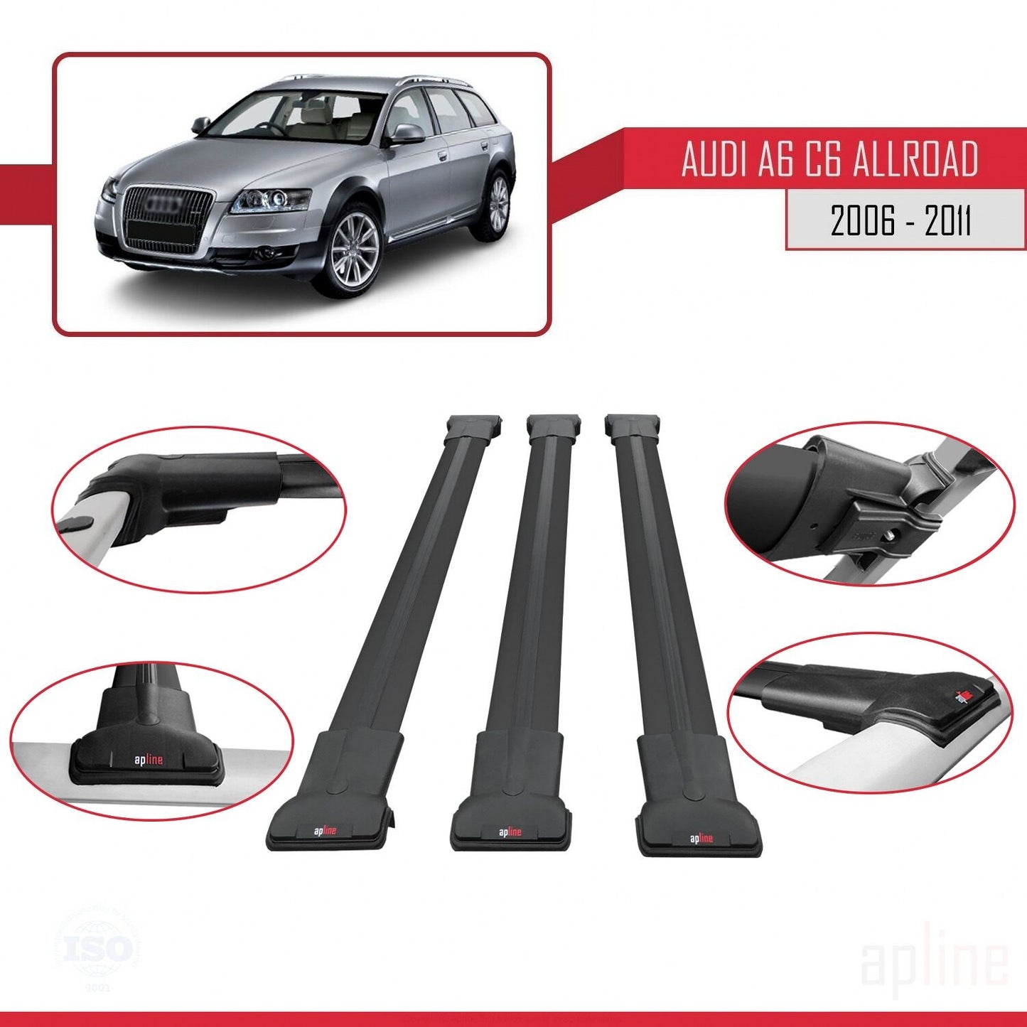 Compatibile con A6 (C6) Allroad 2006-2011 modello FLY Barre portatutto per auto Portapacchi in alluminio nero 3 barre