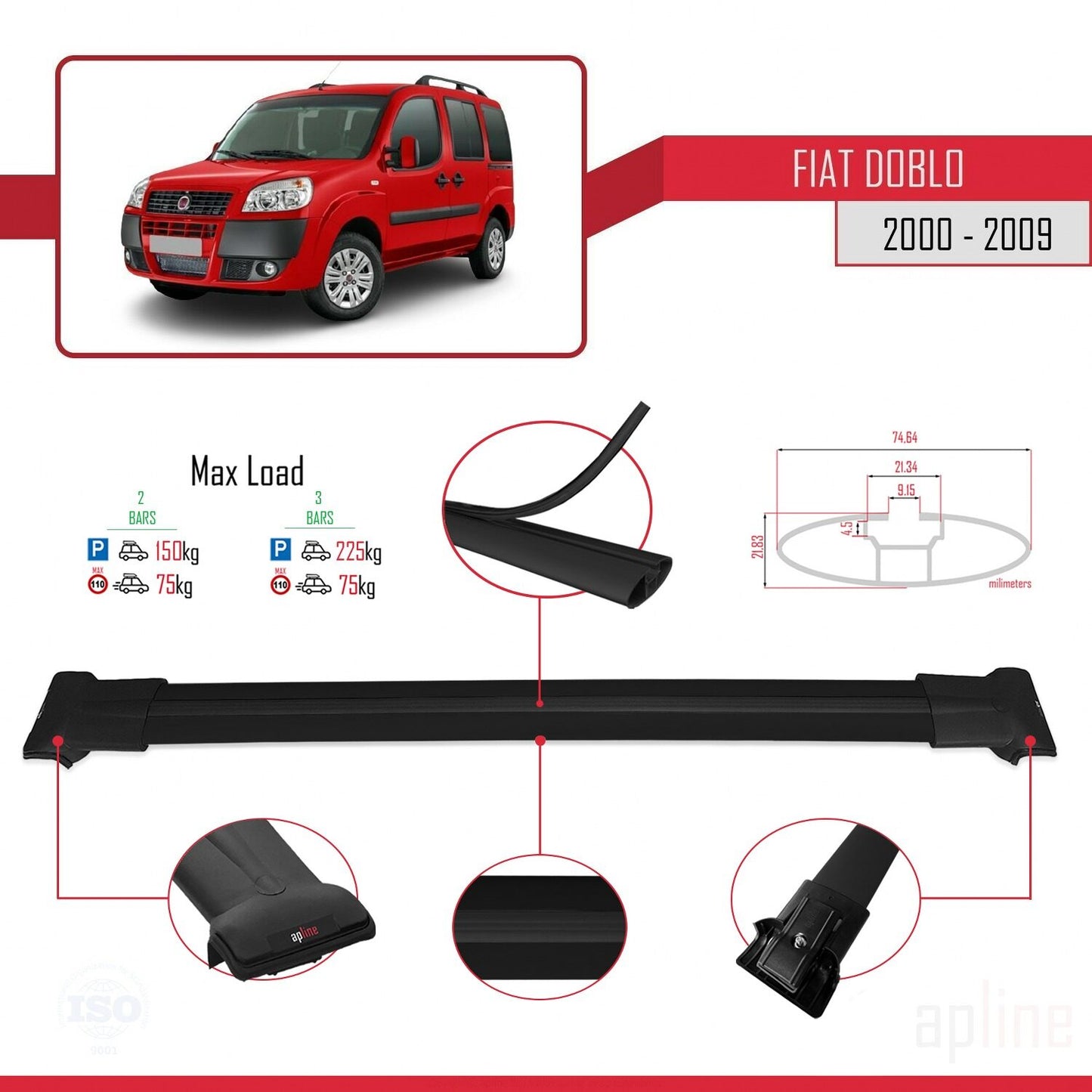 Compatibile con Fiat Doblo 2000-2009 modello FLY Barre portatutto Railing Portapacchi Auto Alluminio Nero 2 Barre