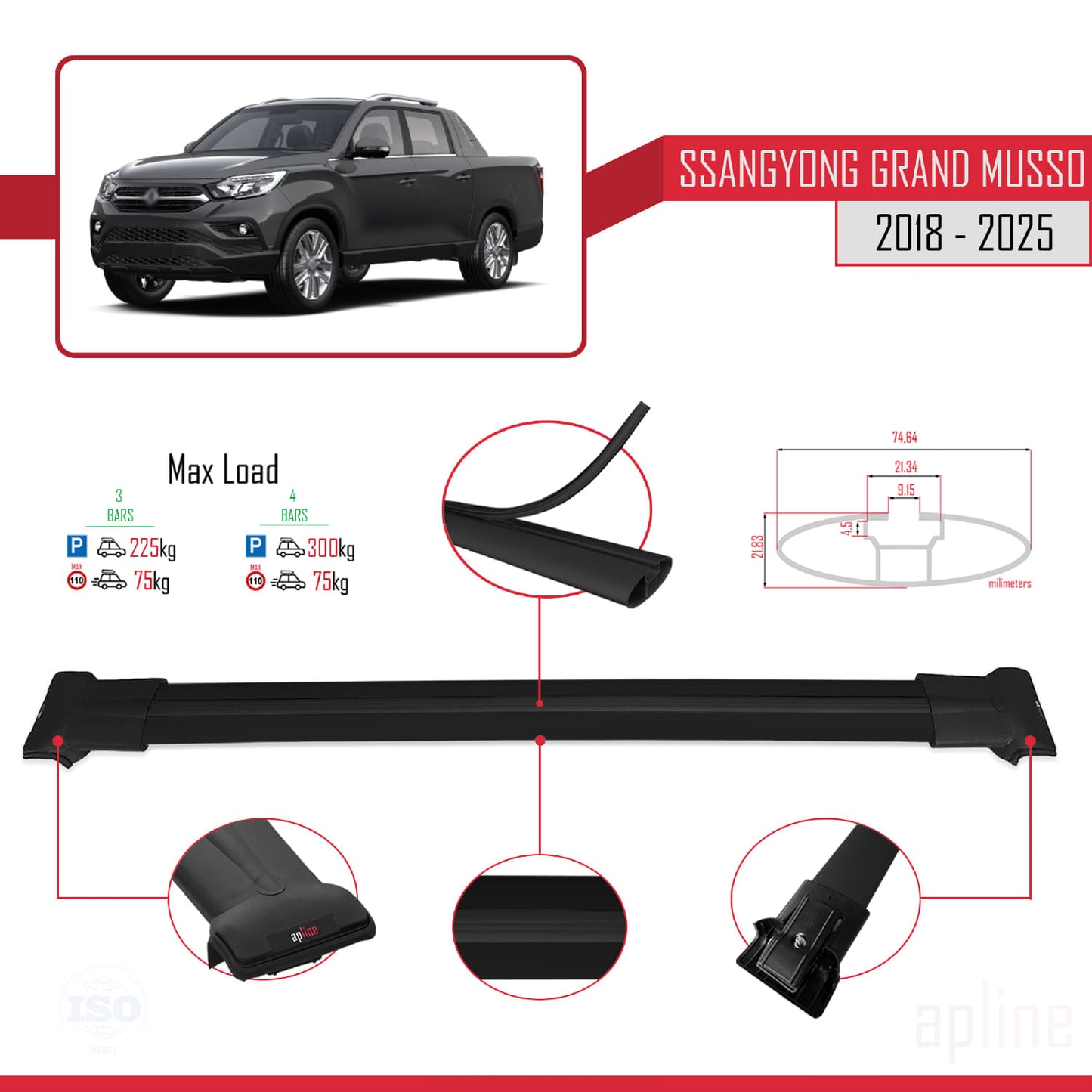 Compatible avec Ssangyong Grand Musso 2018-2025 FLY Model Barres de Toit Railing Porte-Bagages de Voiture Noir Aluminium 3 Barres