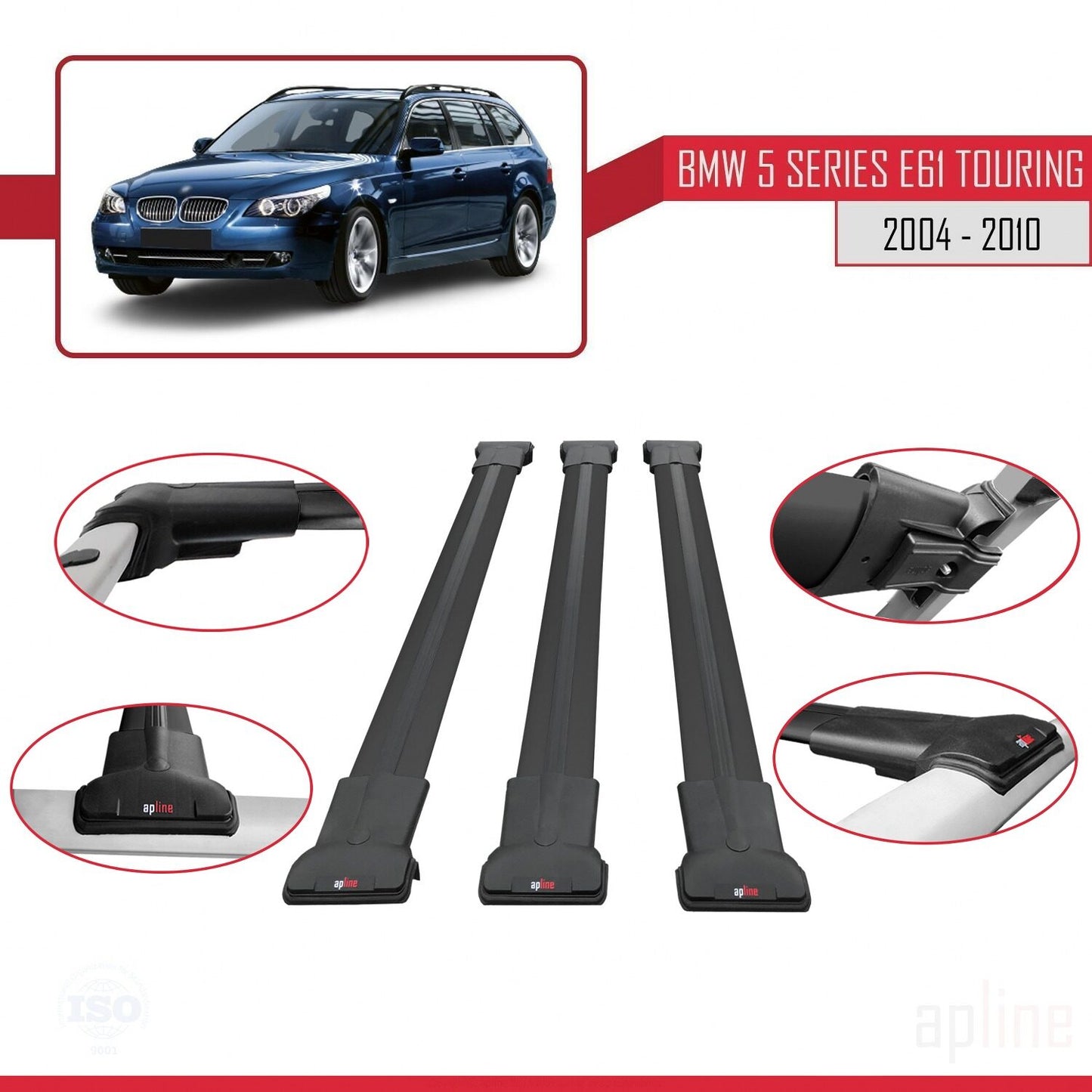 Compatibile con BMW Serie 5 (E61) Touring 2004-2010 modello FLY Barre portatutto per auto Portapacchi in alluminio nero 3 barre