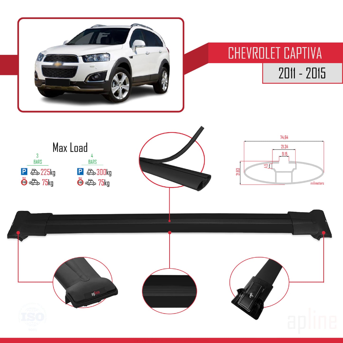 Compatibile con Chevrolet Captiva 2011-2015 modello FLY Barre portatutto per auto Portapacchi in alluminio nero 3 barre