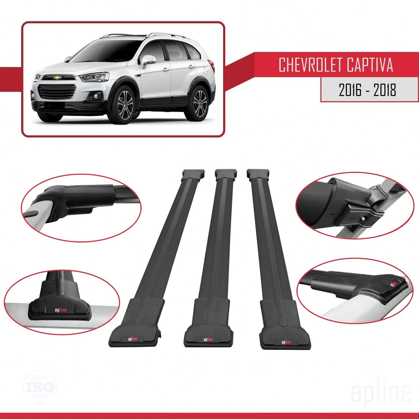 Compatibile con Chevrolet Captiva 2016-2018 modello FLY Barre portatutto per auto Portapacchi in alluminio nero 3 barre
