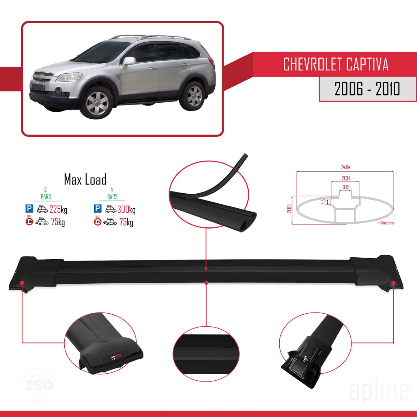 Compatibile con Chevrolet Captiva 2006-2010 modello FLY Barre portatutto per auto Portapacchi in alluminio nero 3 barre