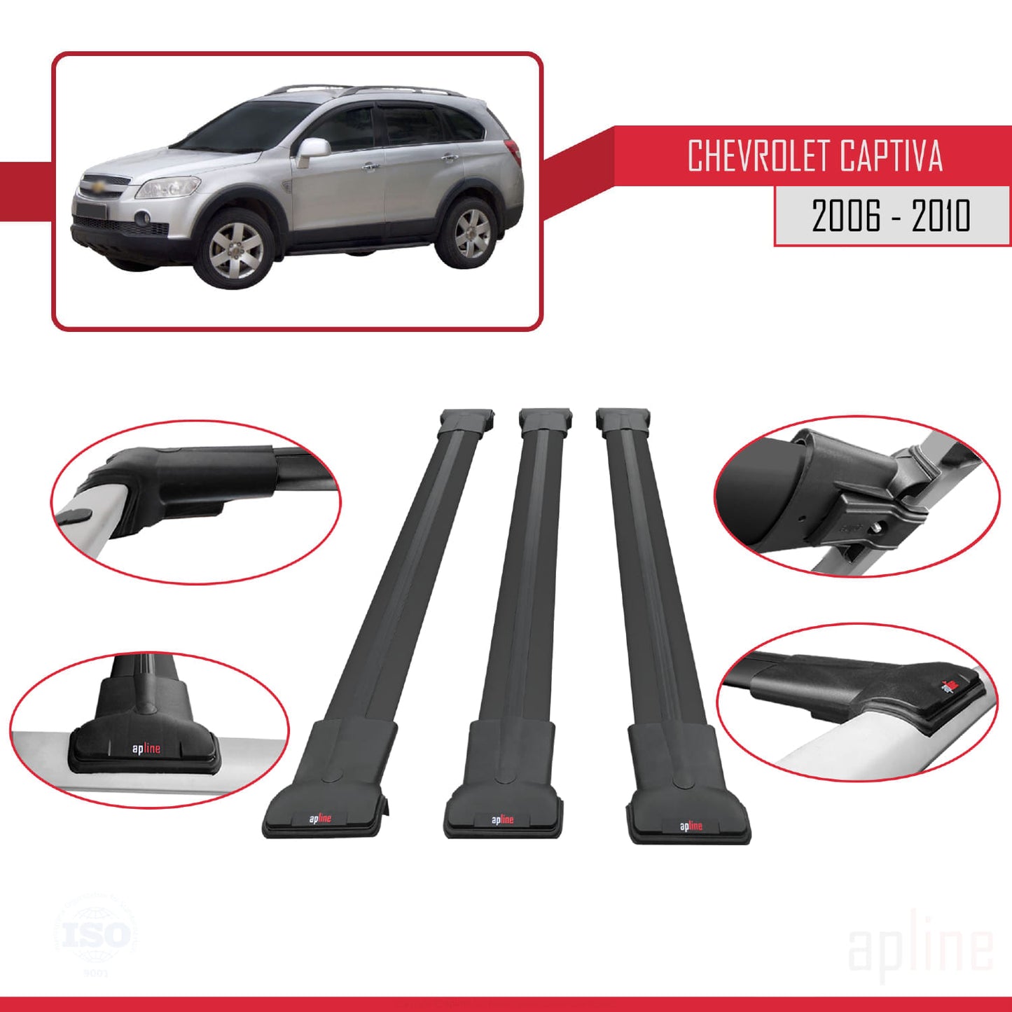 Compatibile con Chevrolet Captiva 2006-2010 modello FLY Barre portatutto per auto Portapacchi in alluminio nero 3 barre