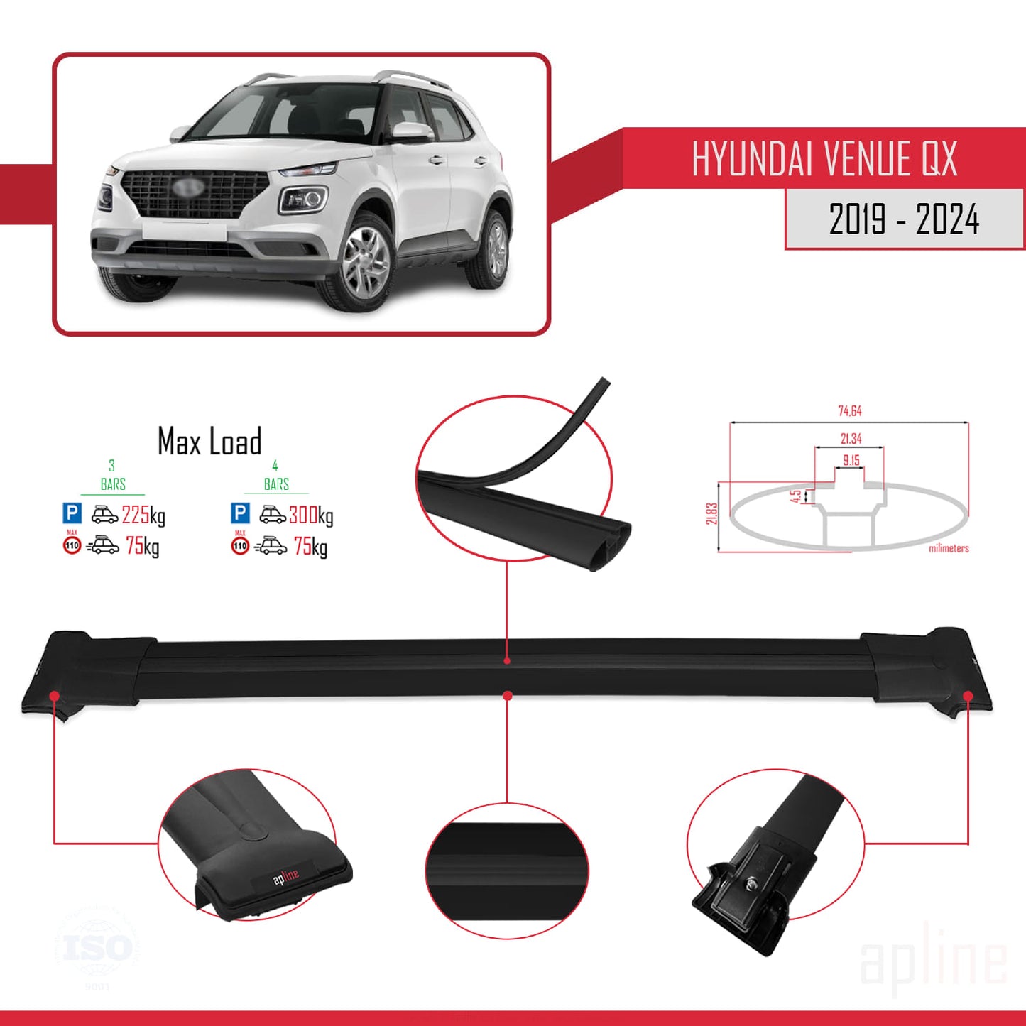 Compatible with Hyundai Venue (QX) 2019-2024 FLY Model Car Roof Rack Cross Bar Black Aluminium 3 Bars