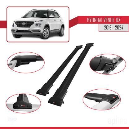 Compatible with Hyundai Venue (QX) 2019-2024 FLY Model Car Roof Rack Cross Bar Black Aluminium 2 Bars