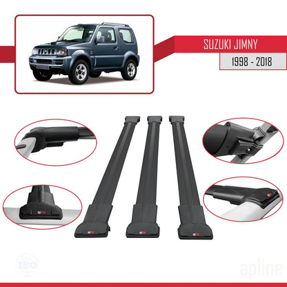 Compatible avec Suzuki Jimny 3 1998-2018 FLY Model Barres de Toit Railing Porte-Bagages de Voiture Noir Aluminium 3 Barres