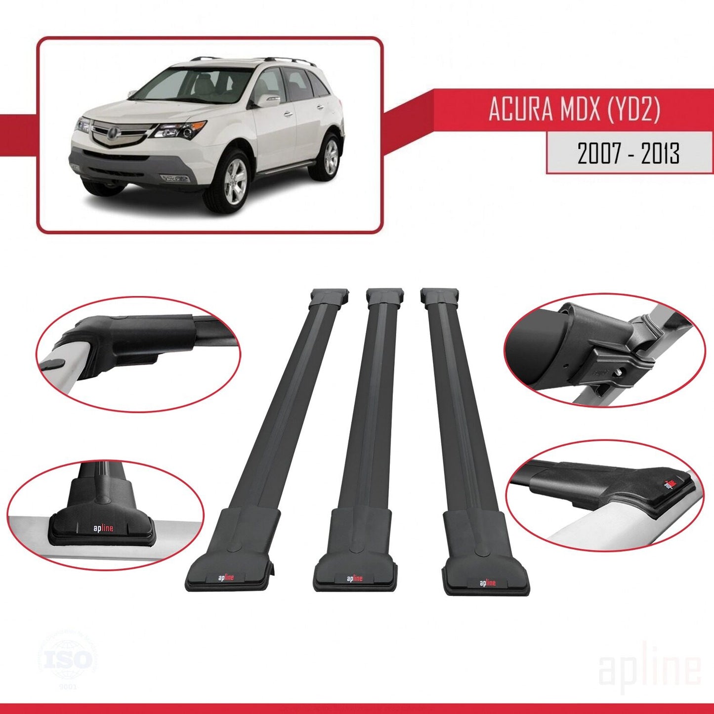 Compatibile con Acura MDX (YD2) 2007-2013 modello FLY Barre portatutto per auto Portapacchi in alluminio nero 3 barre