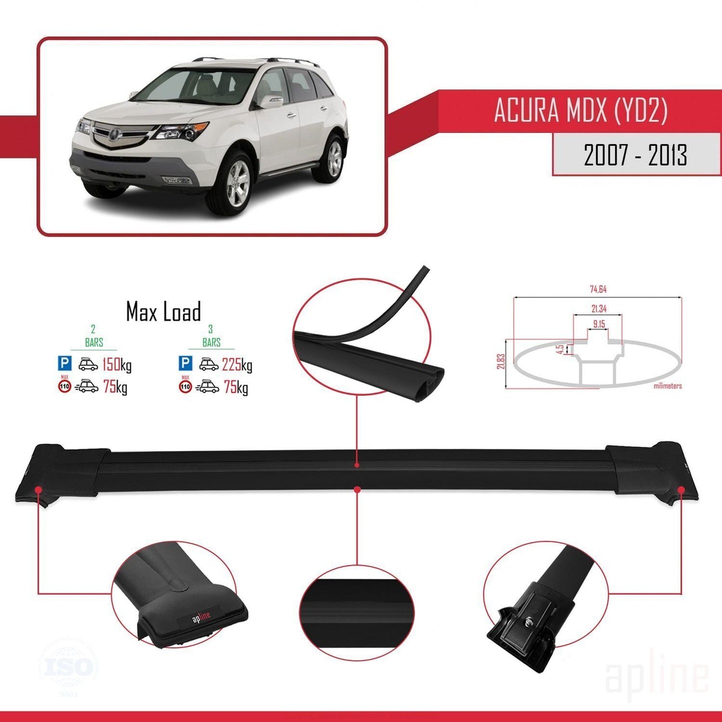 Compatibile con Acura MDX (YD2) 2007-2013 modello FLY Barre portatutto per auto Portapacchi in alluminio nero 2 barre