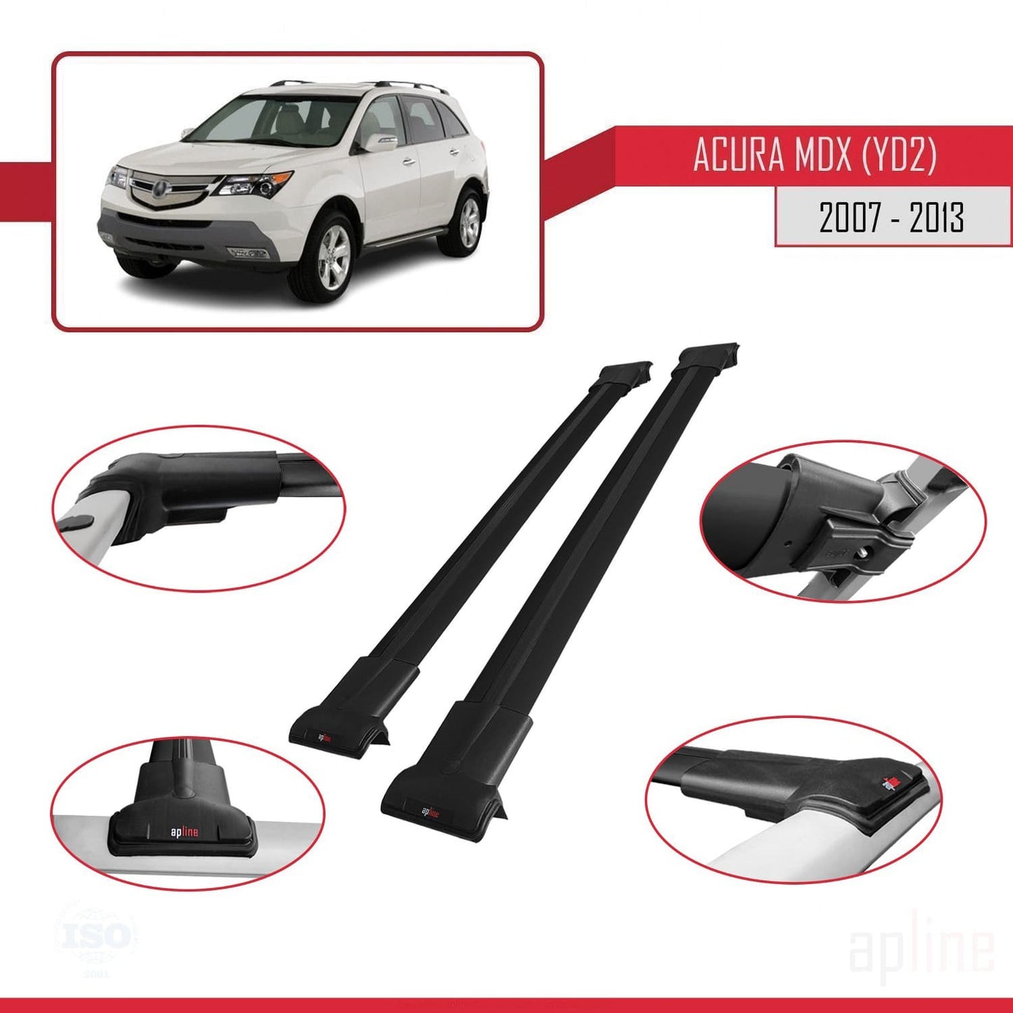 Compatibile con Acura MDX (YD2) 2007-2013 modello FLY Barre portatutto per auto Portapacchi in alluminio nero 2 barre