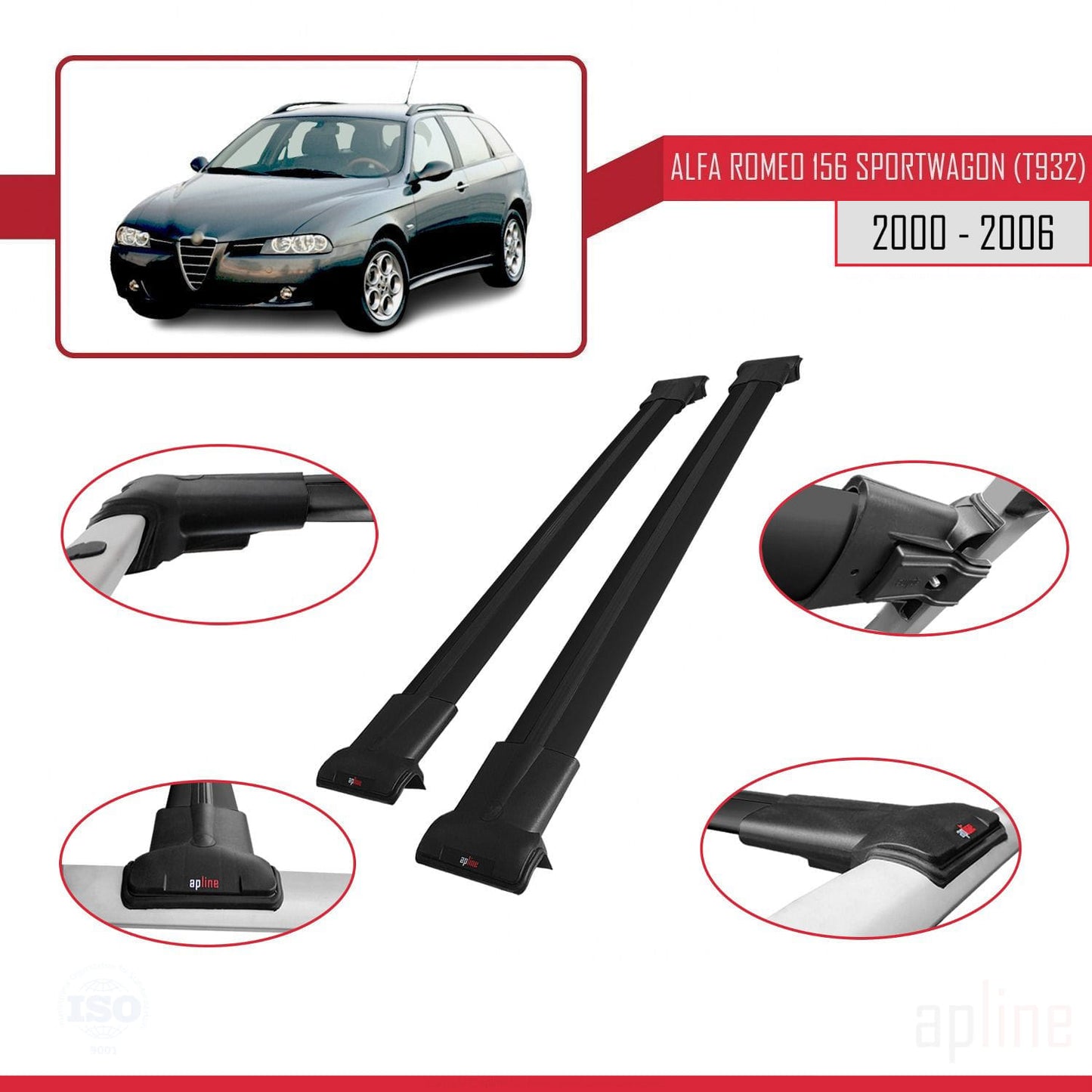Compatibile con Alfa Romeo 156 (T932) Station Wagon 2000-2006 Modello FLY Barre Portatutto Portapacchi Auto Alluminio Nero 2 Barre