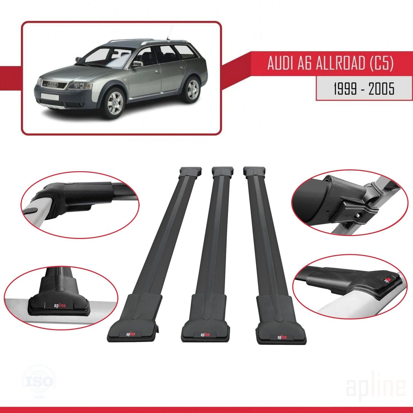 Compatibile con A6 (C5) Allroad 1999-2005 modello FLY Barre portatutto per auto Portapacchi in alluminio nero 3 barre