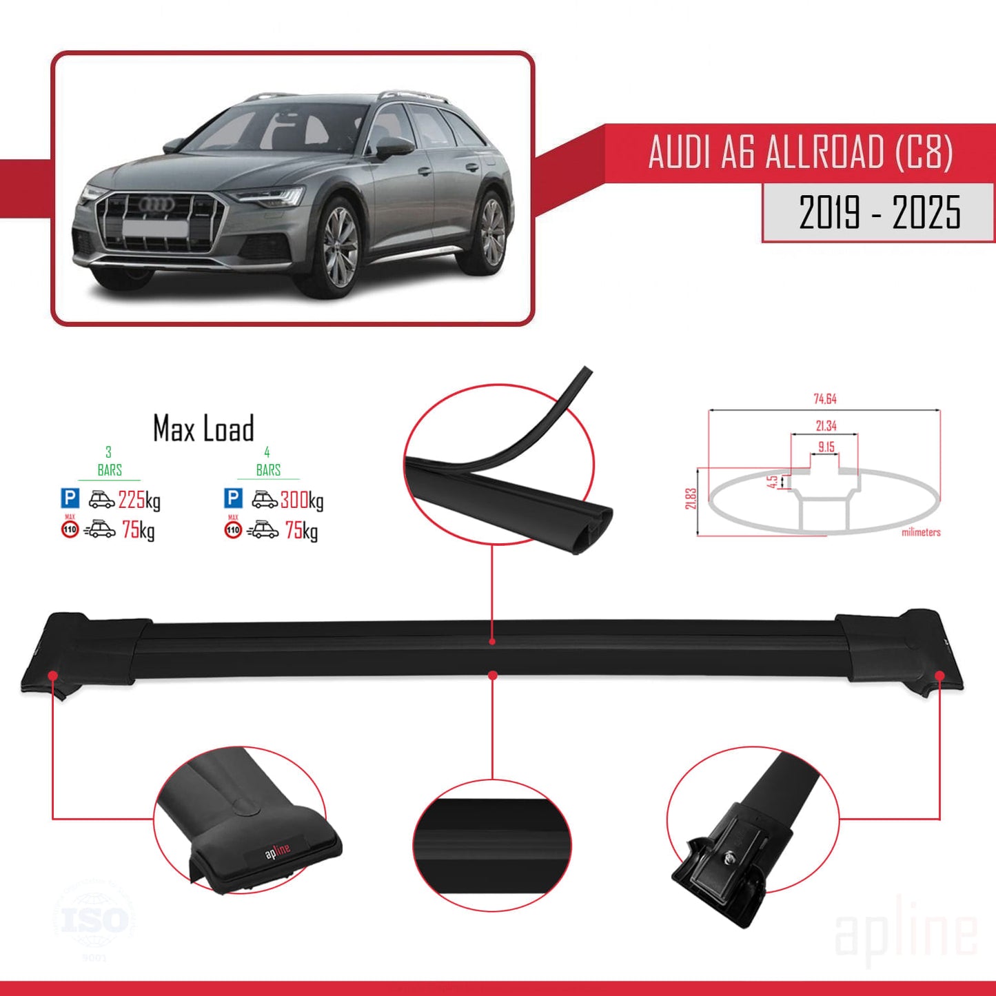 Compatibile con A6 (C8) Allroad 2019-2025 modello FLY Barre portatutto per auto Portapacchi in alluminio nero 3 barre