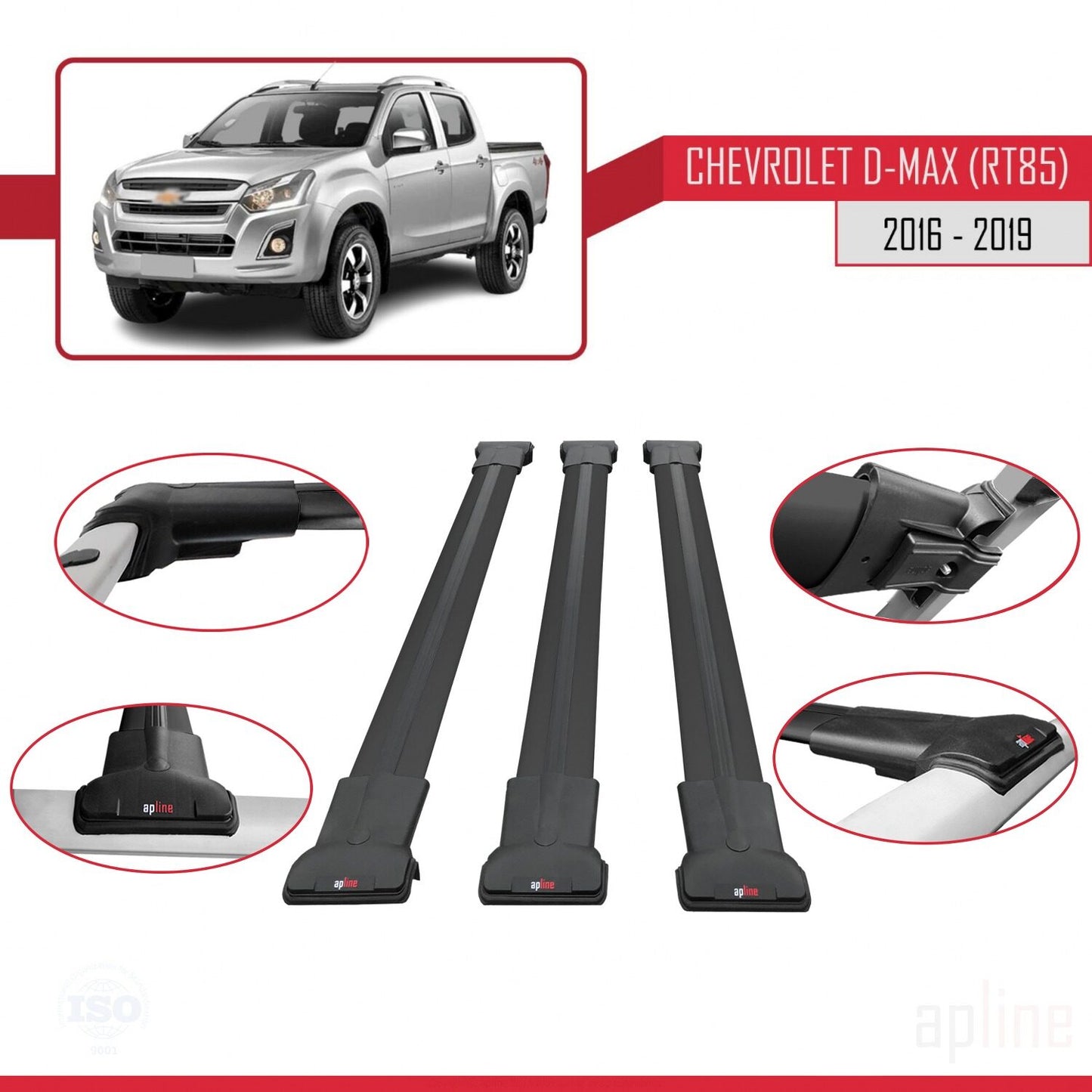 Compatibile con Chevrolet D-Max (RT85) 2016-2019 modello FLY Barre portatutto per auto Portapacchi in alluminio nero 3 barre