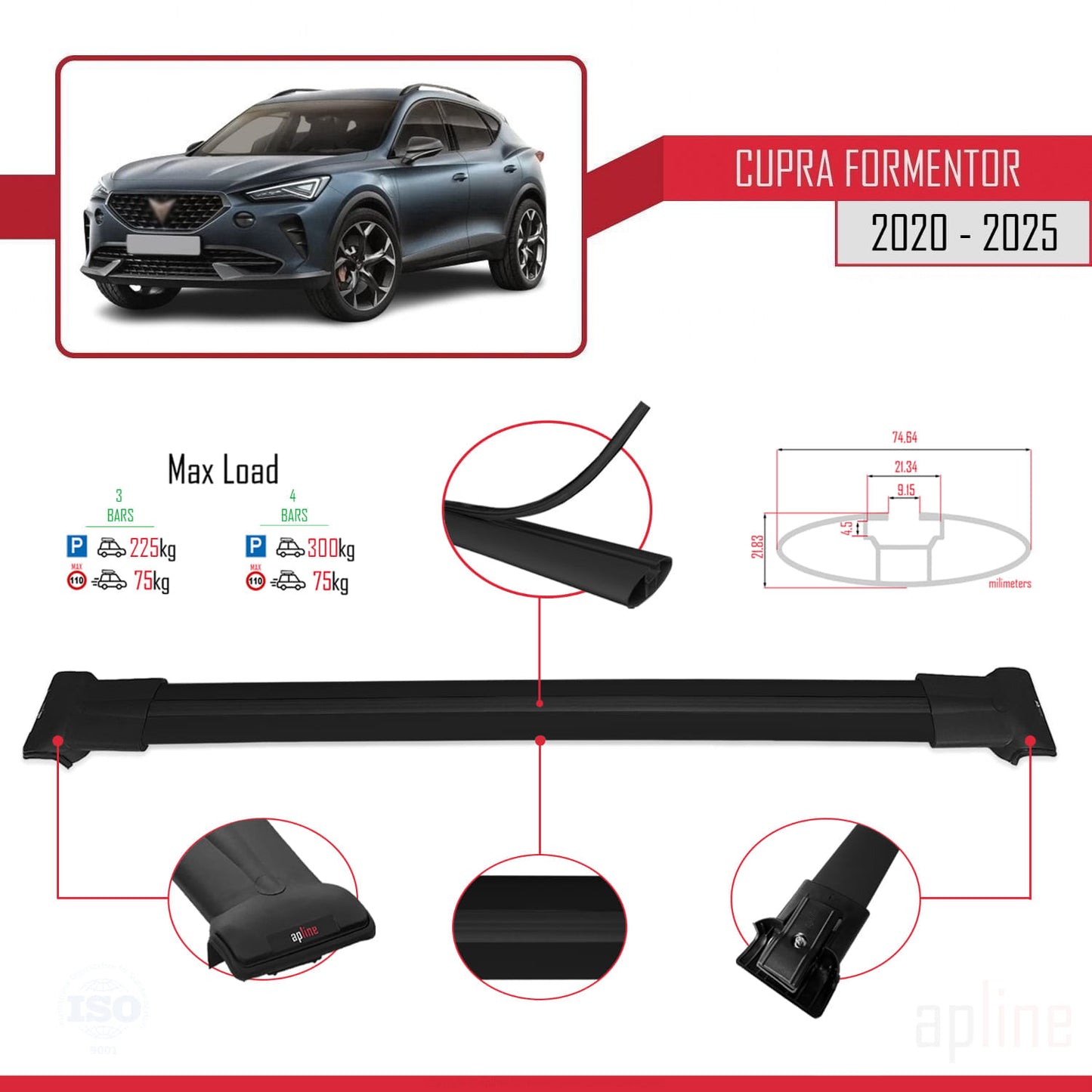 Compatibile con Cupra Formentor 2020-2025 modello FLY Barre portatutto per auto Portapacchi in alluminio nero 3 barre
