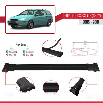 Compatibile con Ford Focus 2 (C307) Station Wagon 2005-2010 modello FLY Barre portatutto per auto Portapacchi in alluminio nero 3 barre