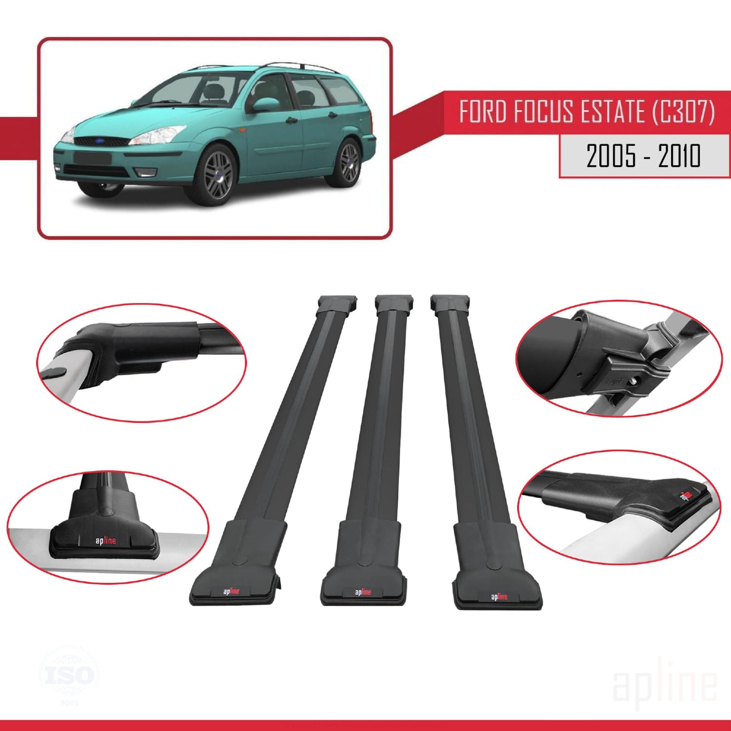 Compatibile con Ford Focus 2 (C307) Station Wagon 2005-2010 modello FLY Barre portatutto per auto Portapacchi in alluminio nero 3 barre