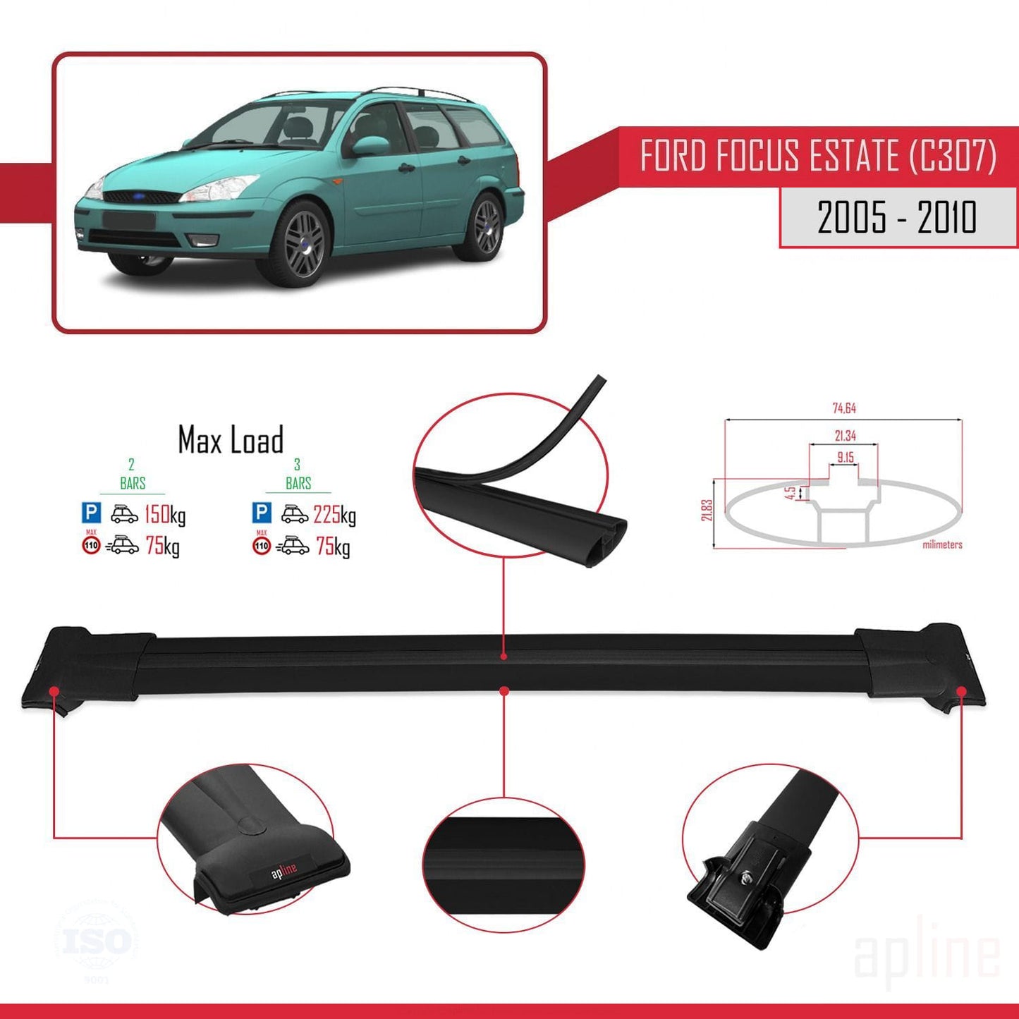 Compatibile con Ford Focus 2 (C307) Station Wagon 2005-2010 modello FLY Barre portatutto per auto Portapacchi in alluminio nero 2 barre