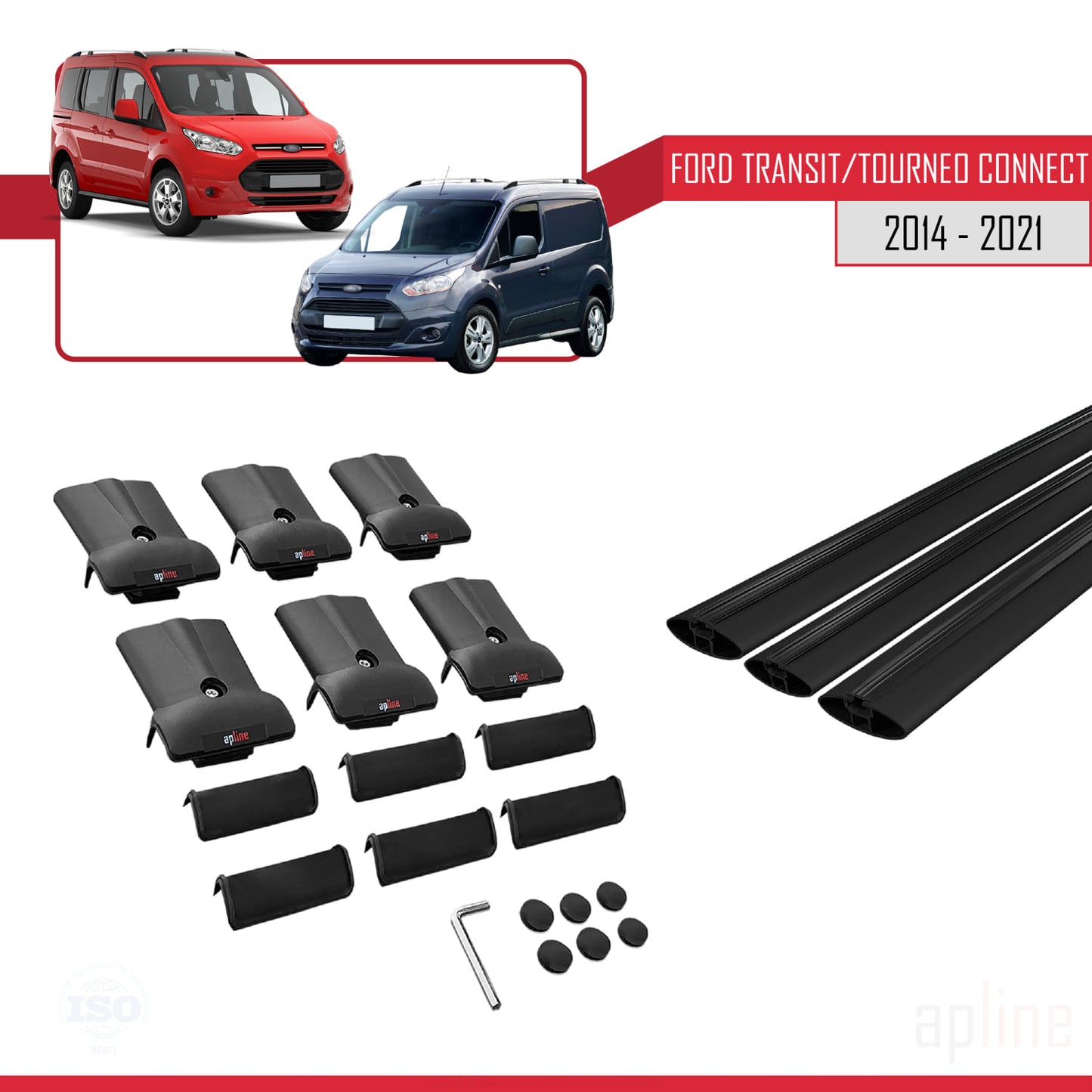 Compatibile con Ford Transit/Tourneo Connect 2 2014-2021 modello FLY Barre portatutto per auto Portapacchi in alluminio nero 3 barre