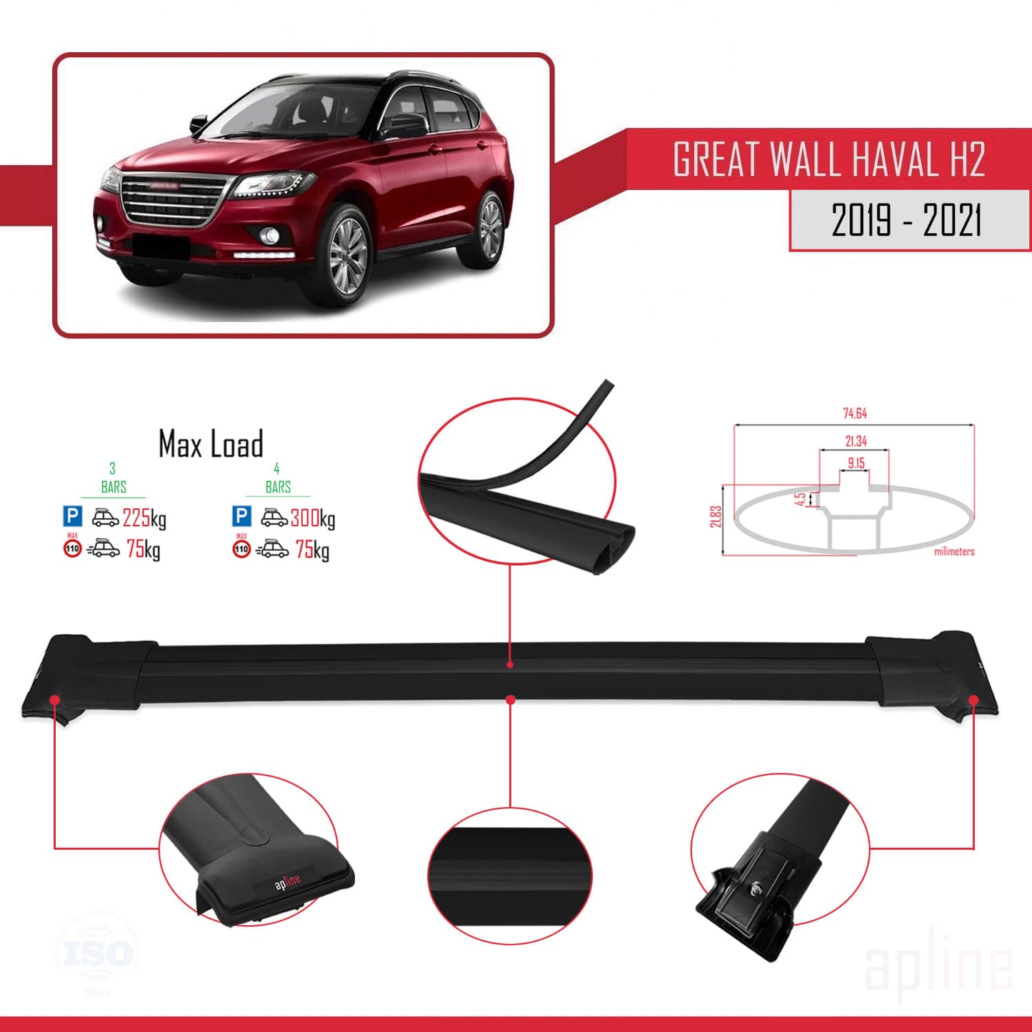 Compatibile con Great Wall Haval H2 2019-2021 modello FLY Barre portatutto per auto Portapacchi in alluminio nero 3 barre