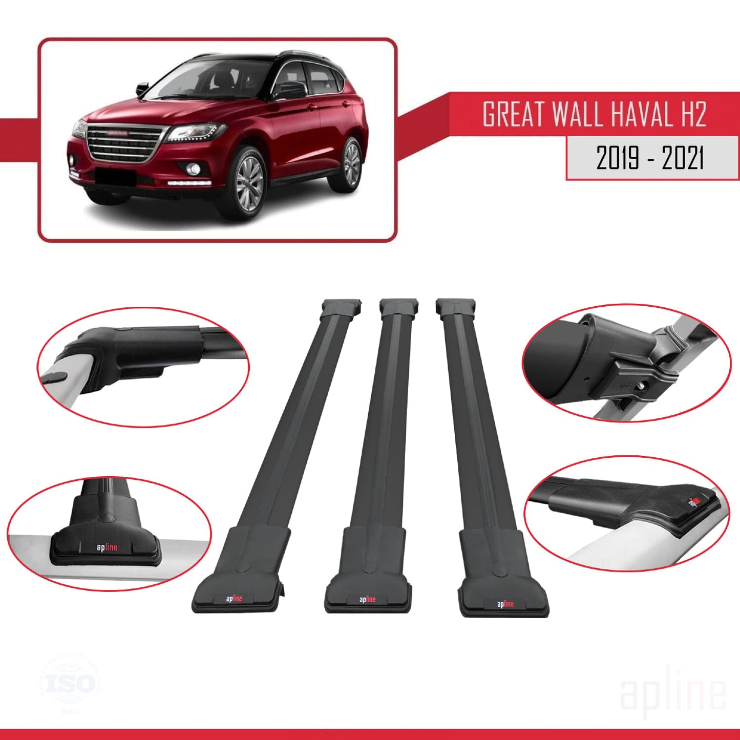 Compatibile con Great Wall Haval H2 2019-2021 modello FLY Barre portatutto per auto Portapacchi in alluminio nero 3 barre